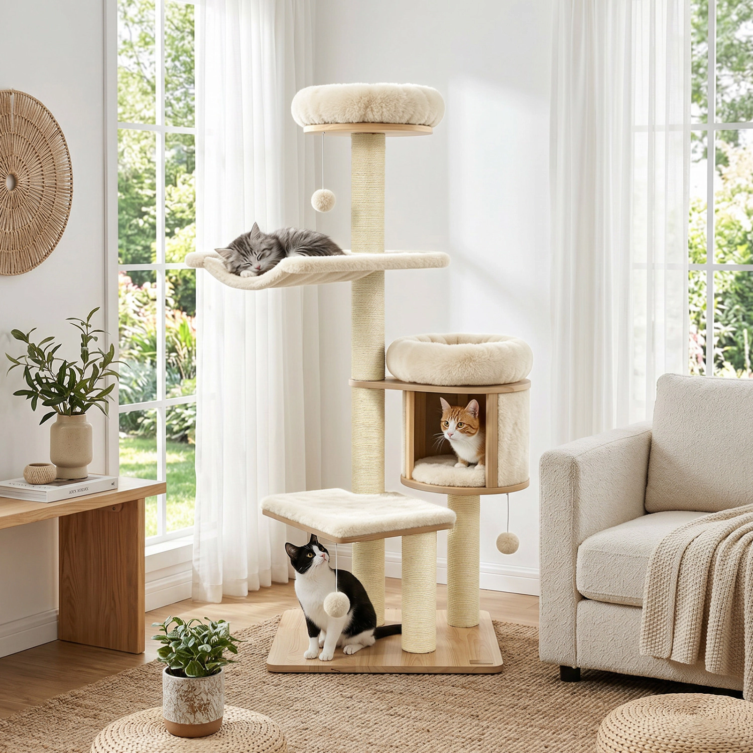 LJG 55" Solid Rubber Wood Cat Tree with Condo & Hammock and Scratching Posts for Adult Cats