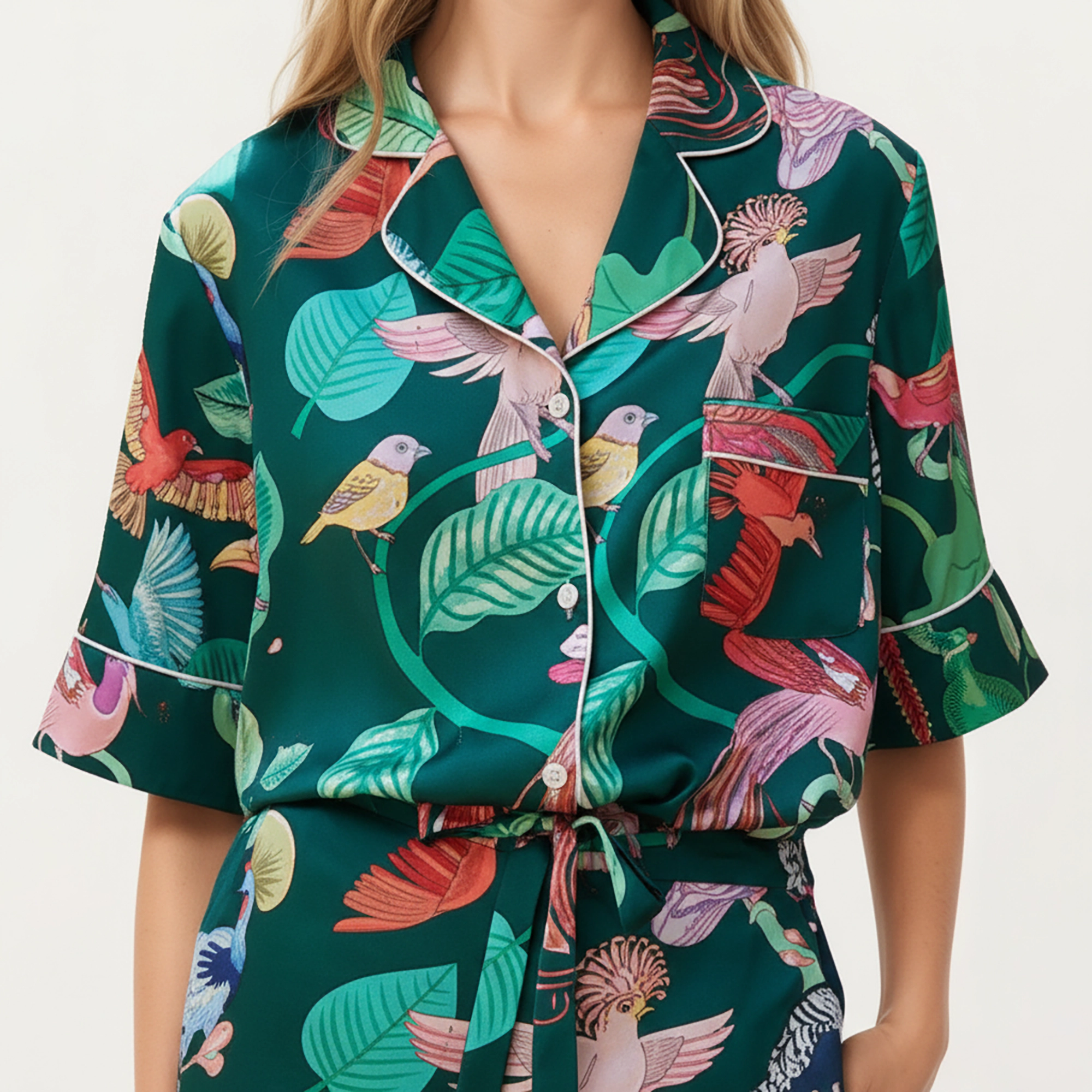 Anna-Kaci Women's Tropical Bird Print Satin Pajama Set Short Sleeve Button Up Top and Relaxed Fit Elastic Waist Shorts