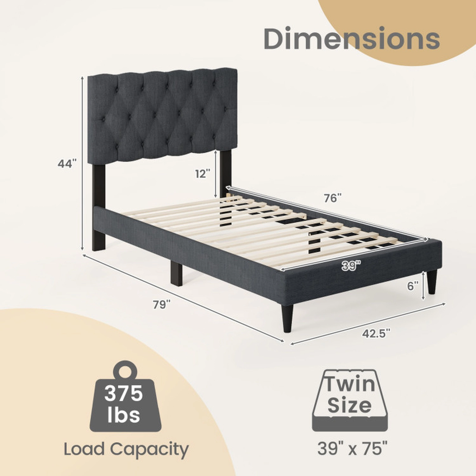 SUGIFT Gray Button-Tufted Headboard and Slats Twin Size Upholstered Platform Bed