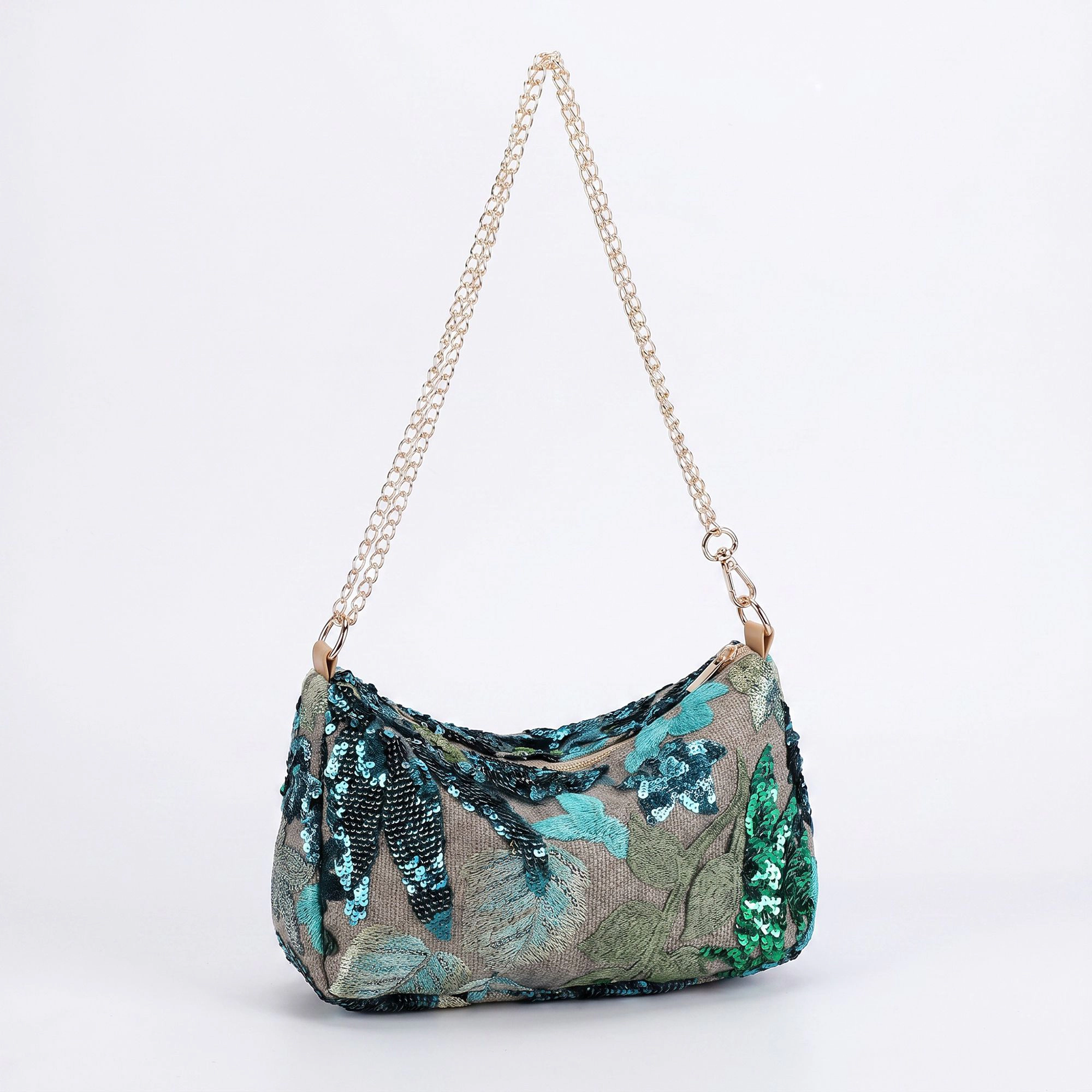 Alilang Women's Floral Embroidered Sequin Shoulder Bag with Chain Strap Curved Silhouette