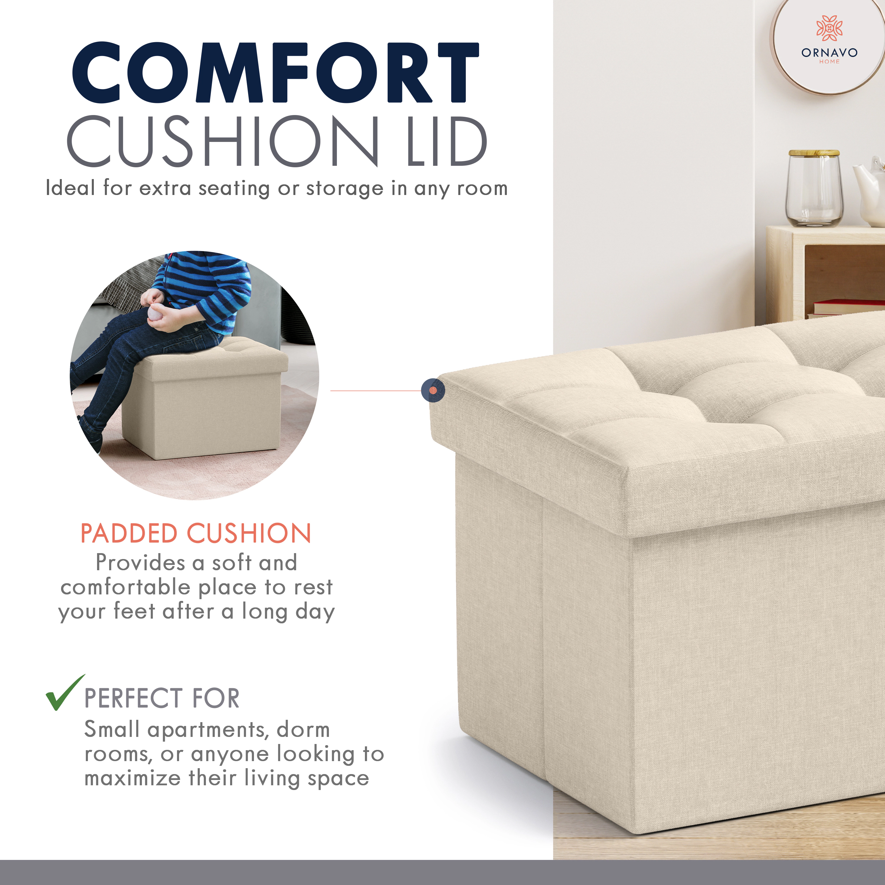 Ornavo Home Collapsible Small Rectangle Footrest Storage Ottoman - 12 x 16