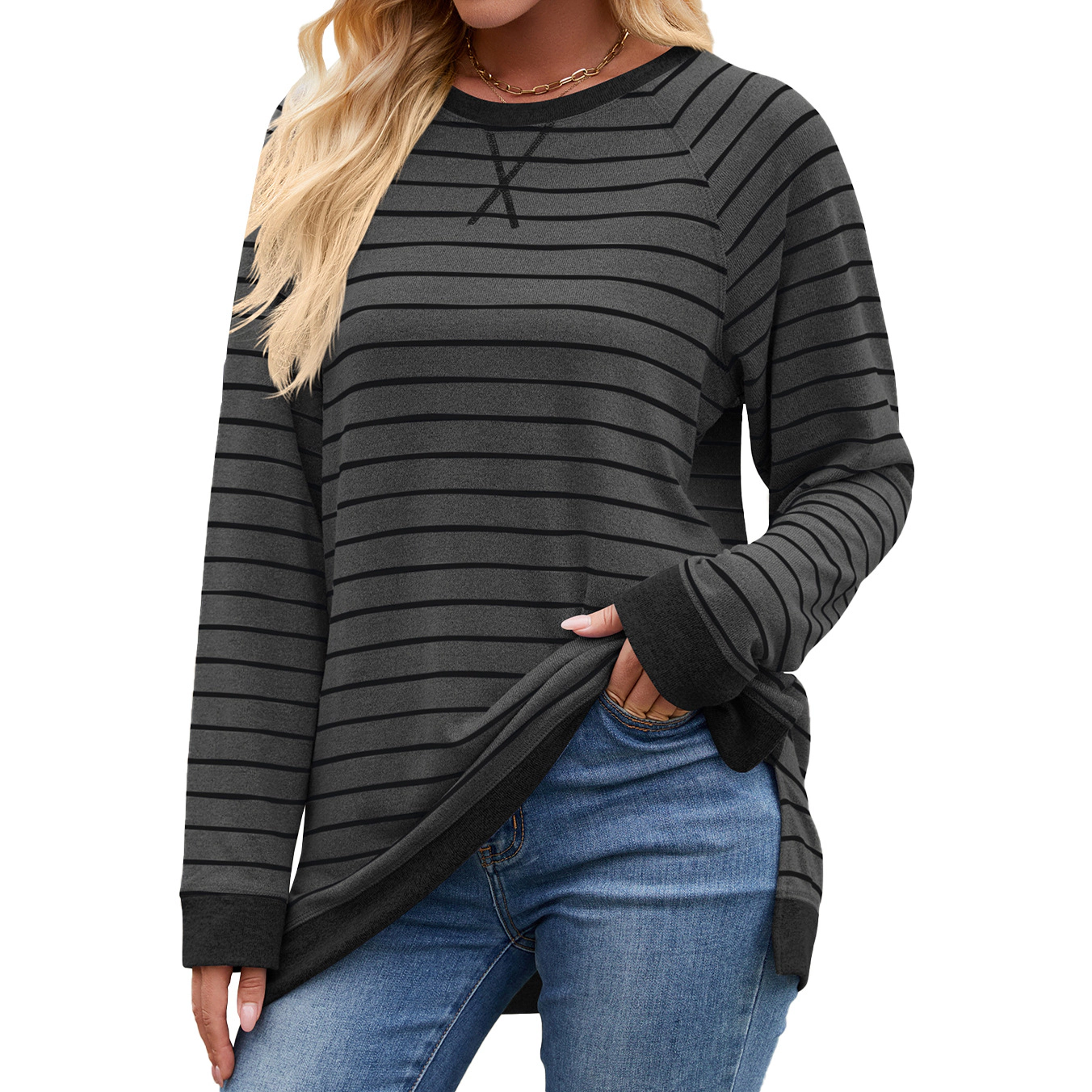 Enchanted Funland Womens Crew Neck Striped Raglan Contrast Cuff Long Sleeve Tops