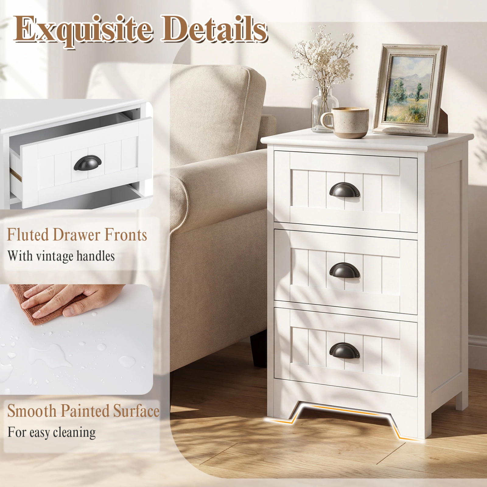 SUGIFT 3-Drawer MDF Nightstand with Storage End Table 88-lb Tabletop Capacity 20-lb Drawer Capacity 27-in Tall White
