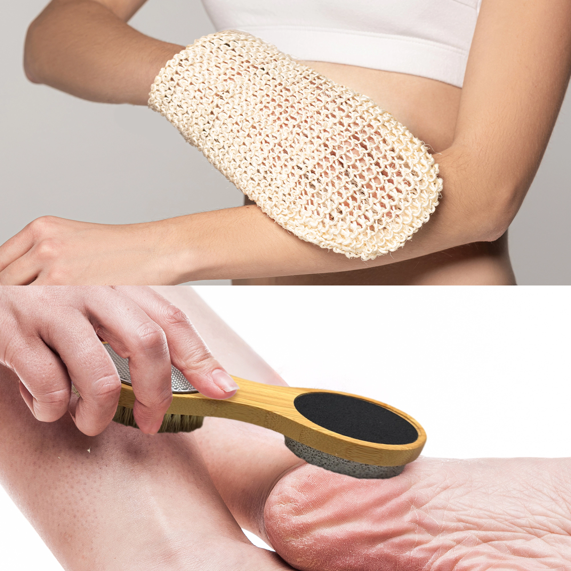 Pursonic Unisex Sisal Hemp Bath Glove & 4-in-1 Foot Scrubber Bundle
