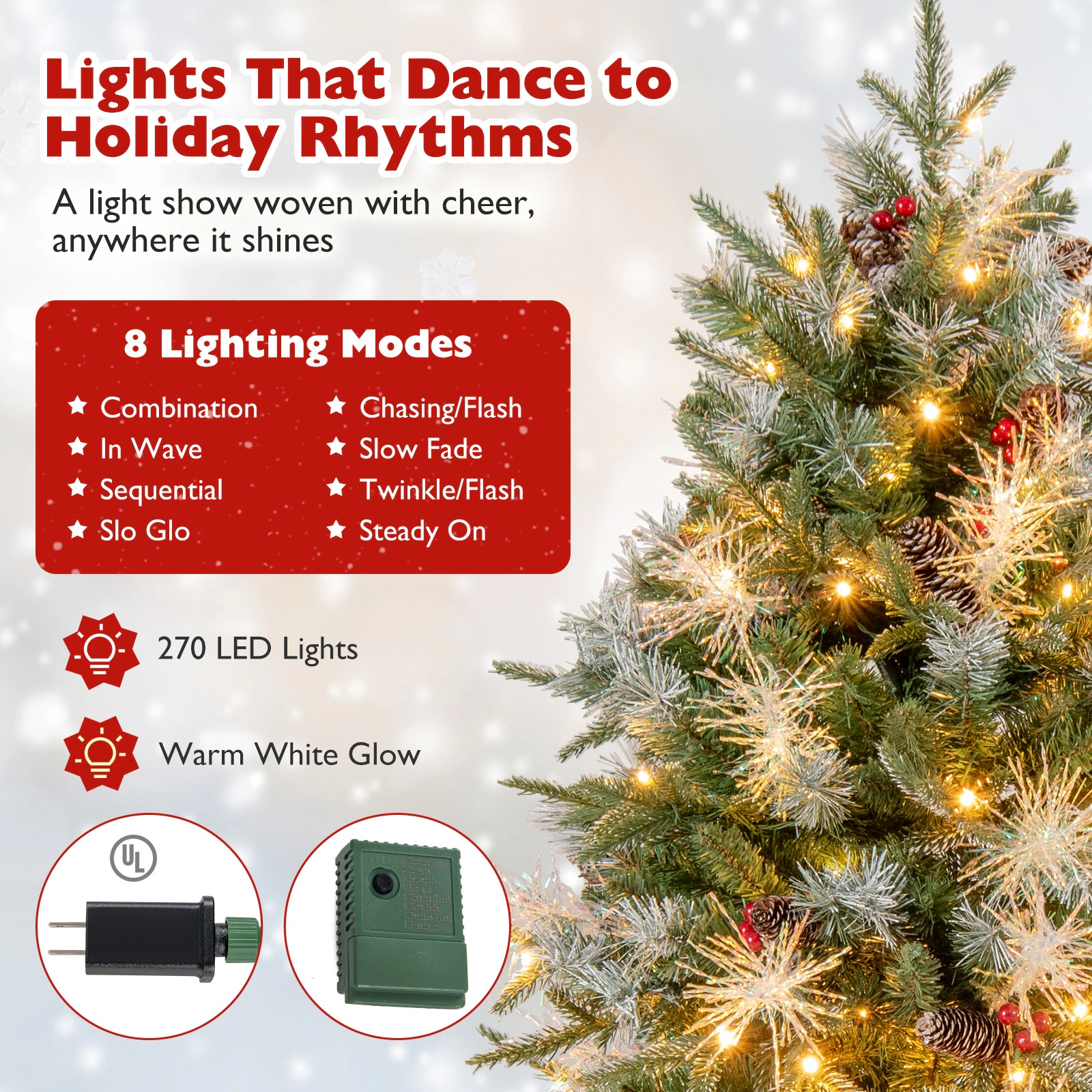 SUGIFT 6-ft Green Pre-Lit Artificial Christmas Tree with 270 LED Lights 8 Modes 806 Tips and Metal Base