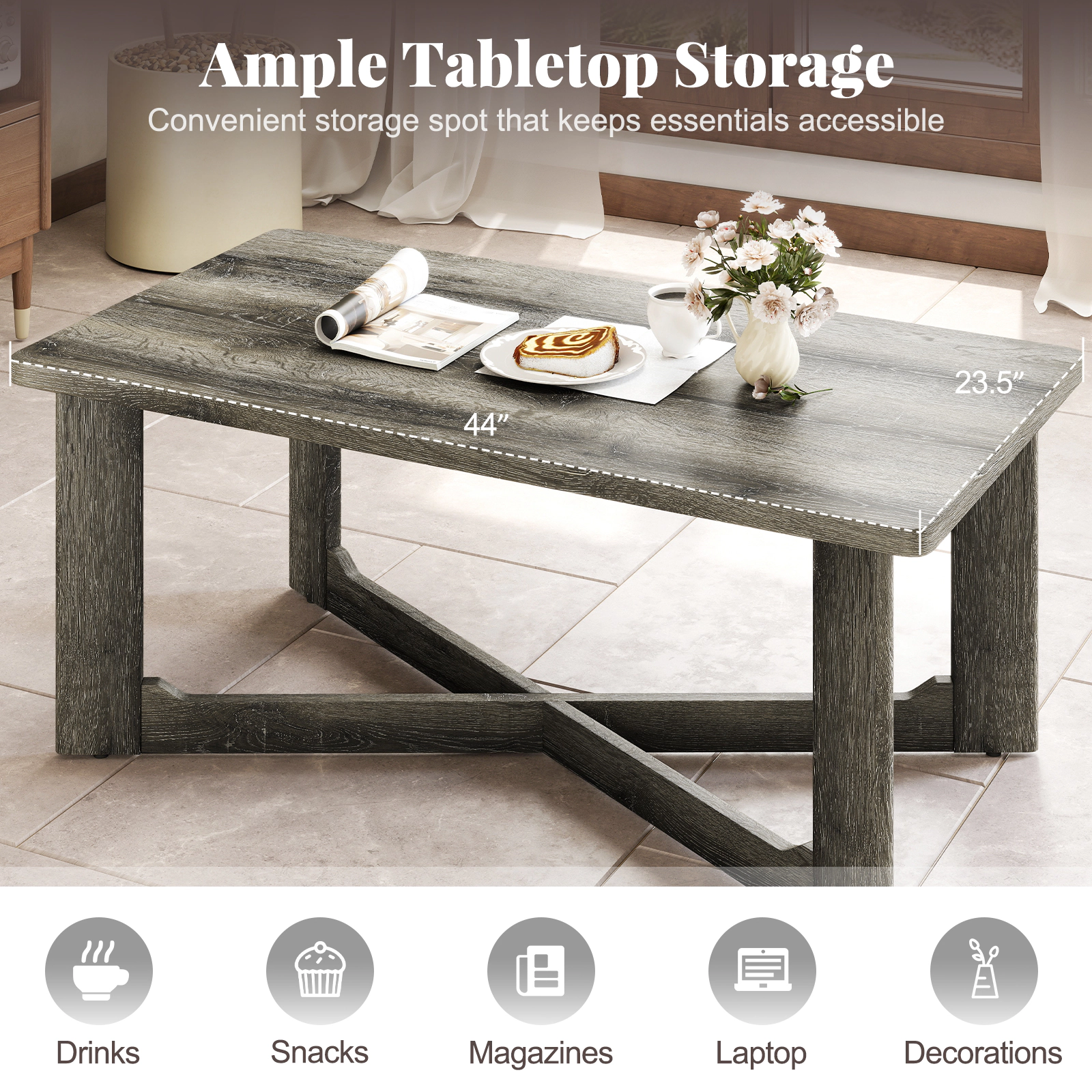 Glintex 44-Inch Rectangular Coffee Table with X-Shaped Rubber Wood Base, Gray