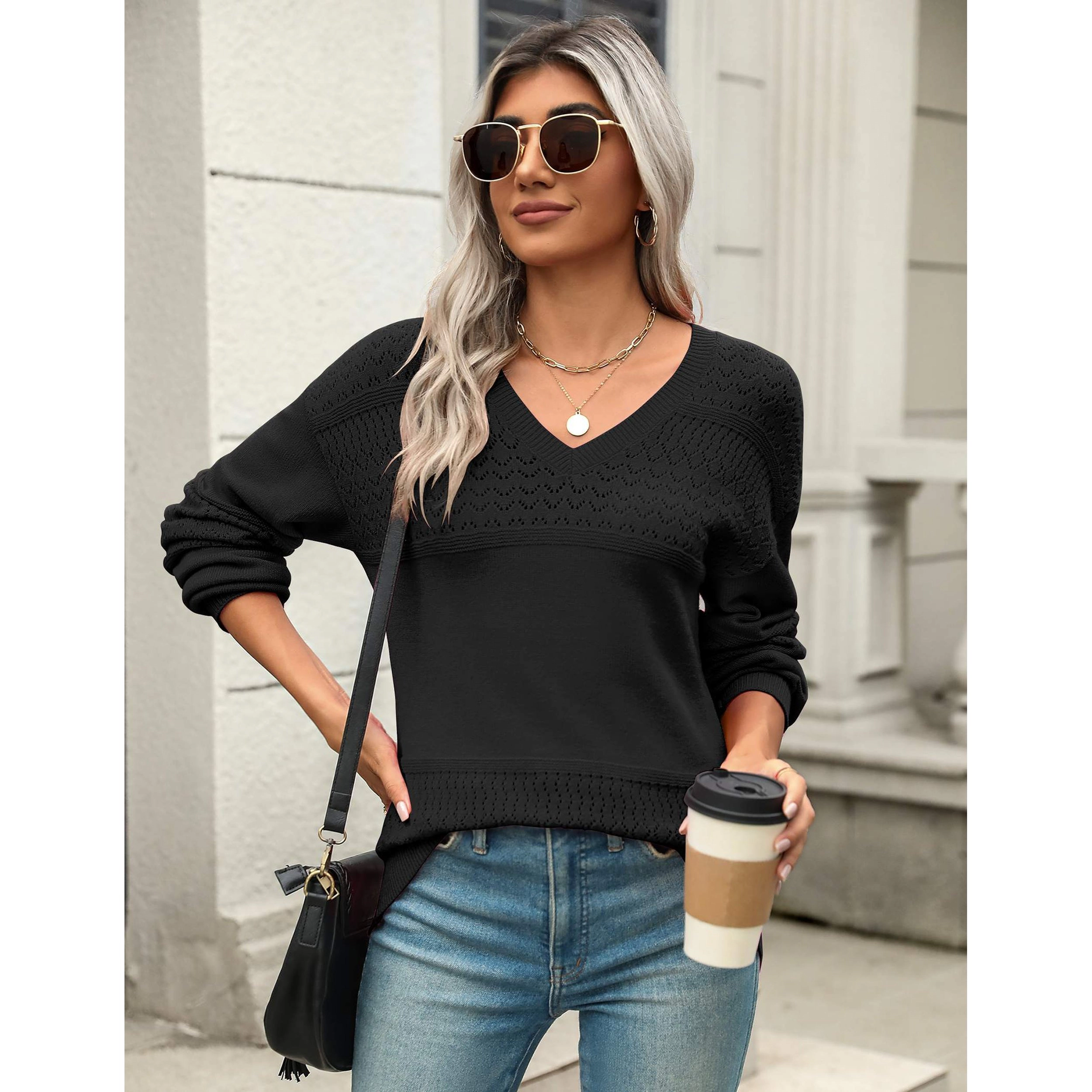 Zeagoo Women's Batwing Long Sleeve Ribbed Knit V-Neck Crochet Pullover