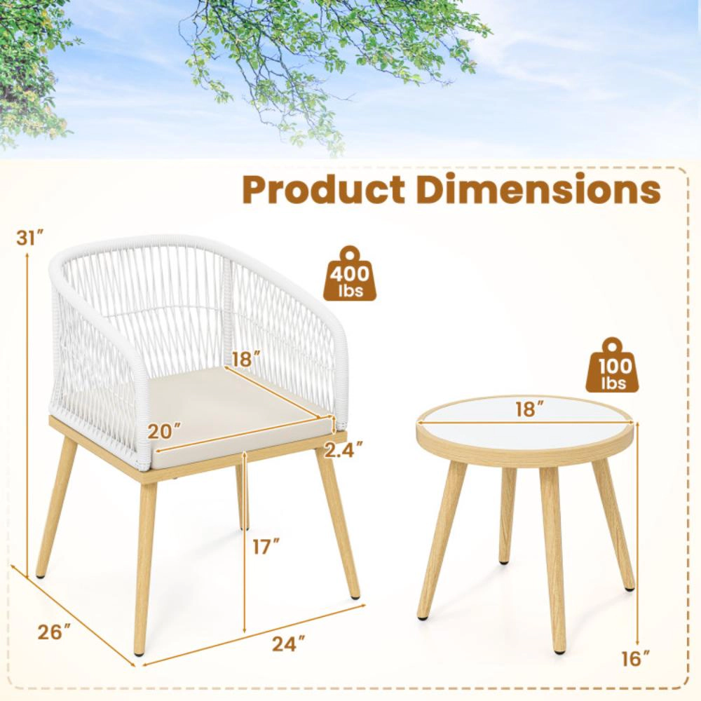 Hivvago 3 Pieces Outdoor Bistro Pe Wicker Conversation Furniture Set-White