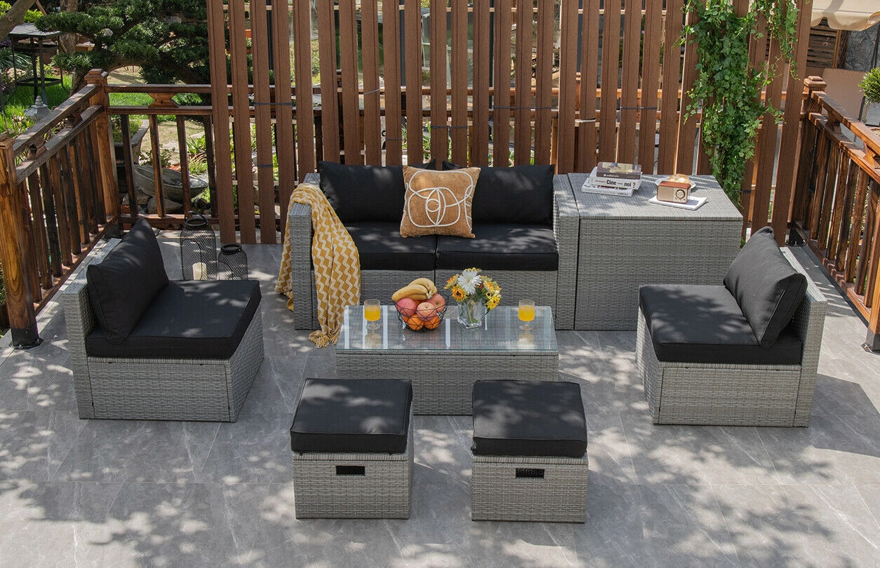 SUGIFT Black Storage Box Waterproof Cover and Cushions 8-Piece Patio Rattan Sectional Set