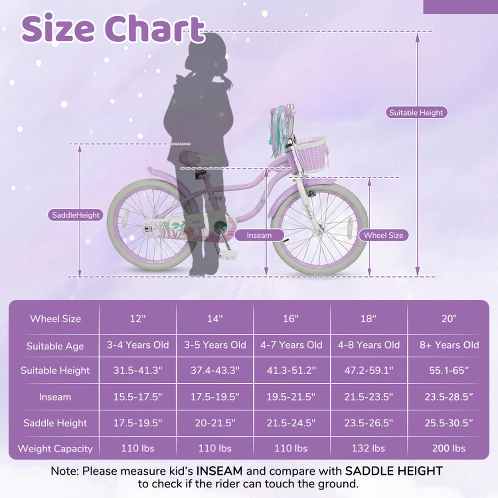 SUGIFT Purple Storage Basket Streamers and Mermaid Graphics Kids Bike