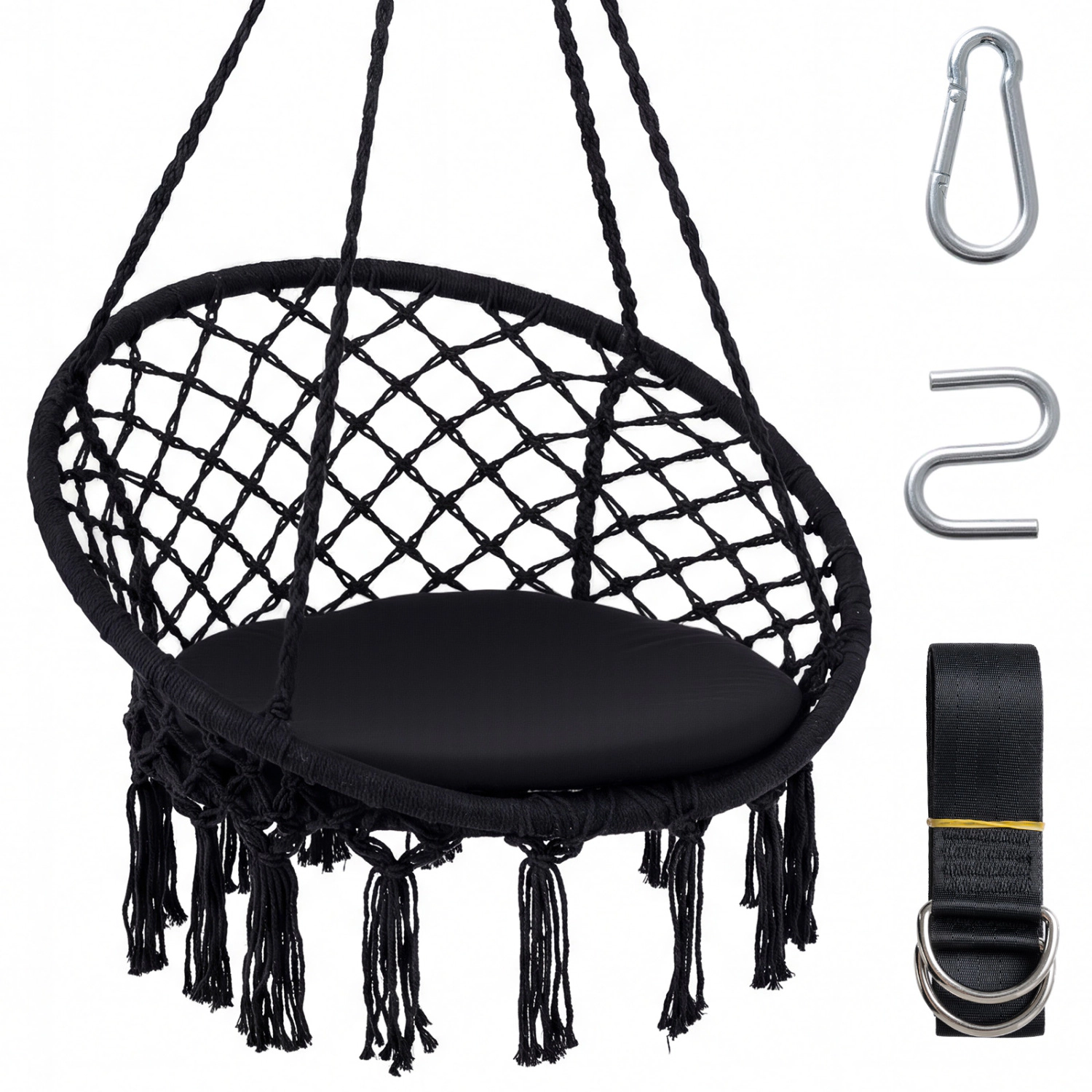 LJG Macrame Swing Chair Hammock with Round Seat Cushion