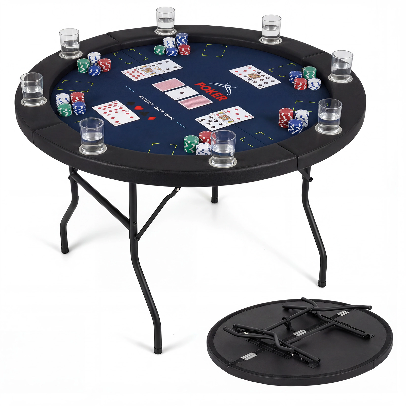 SUGIFT 48-in 220-lb Capacity 8-Player Folding Poker Table with Metal Cup Holders and Padded PU Leather Rail