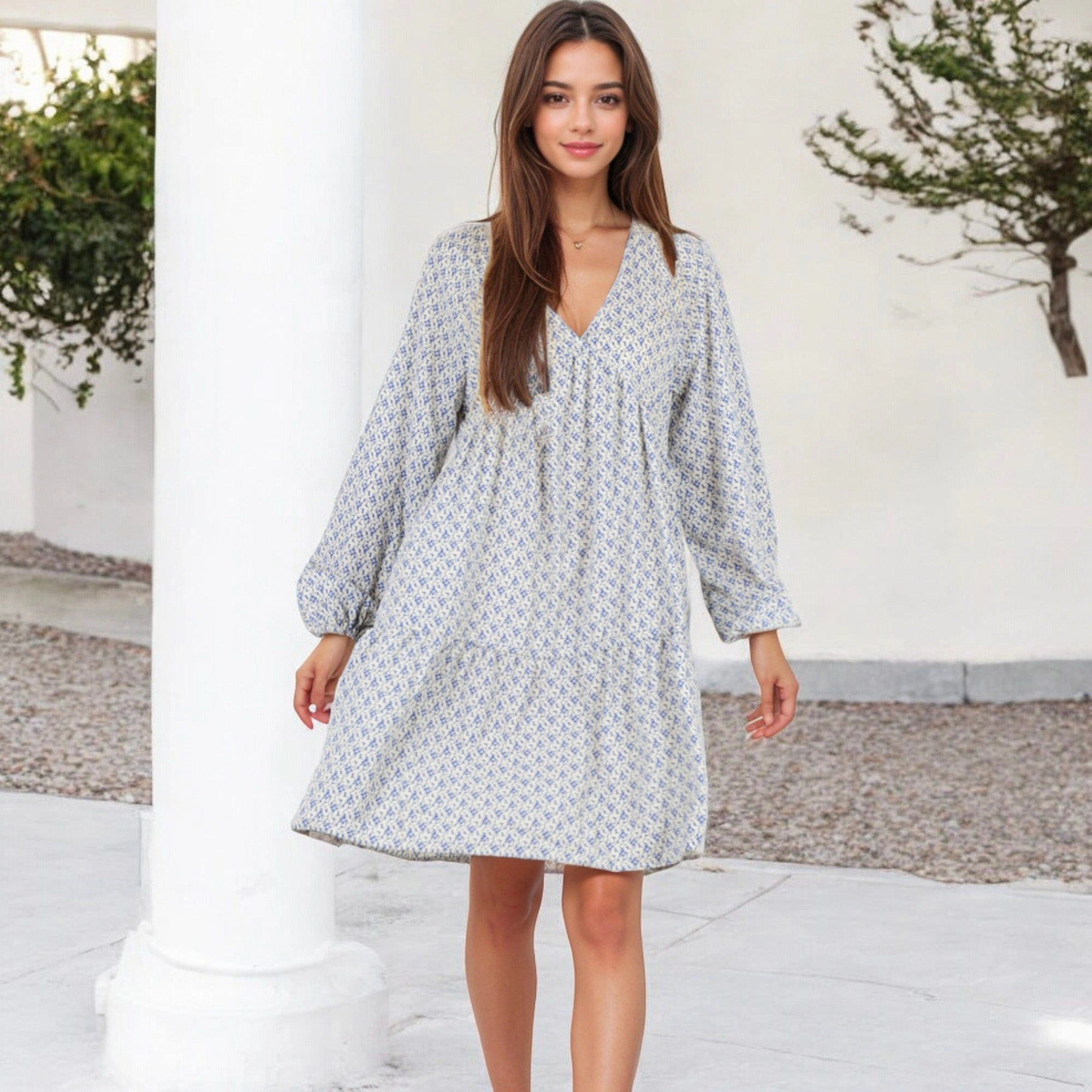 Anna-Kaci Women's Long Sleeve V Neck Boho Print Gathered Waist Dress