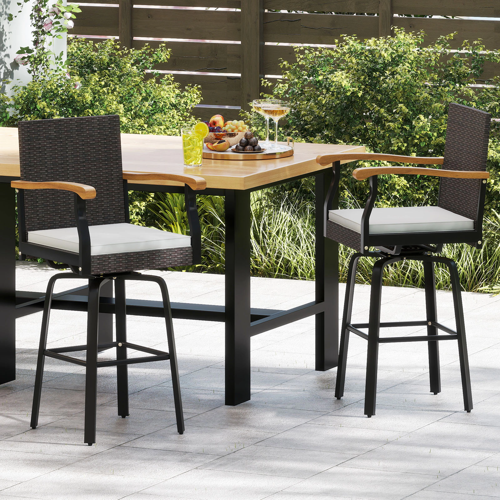 LJG One Outdoor 360° Swivel Bar Stool with Cushion and Acacia Wood Armrests