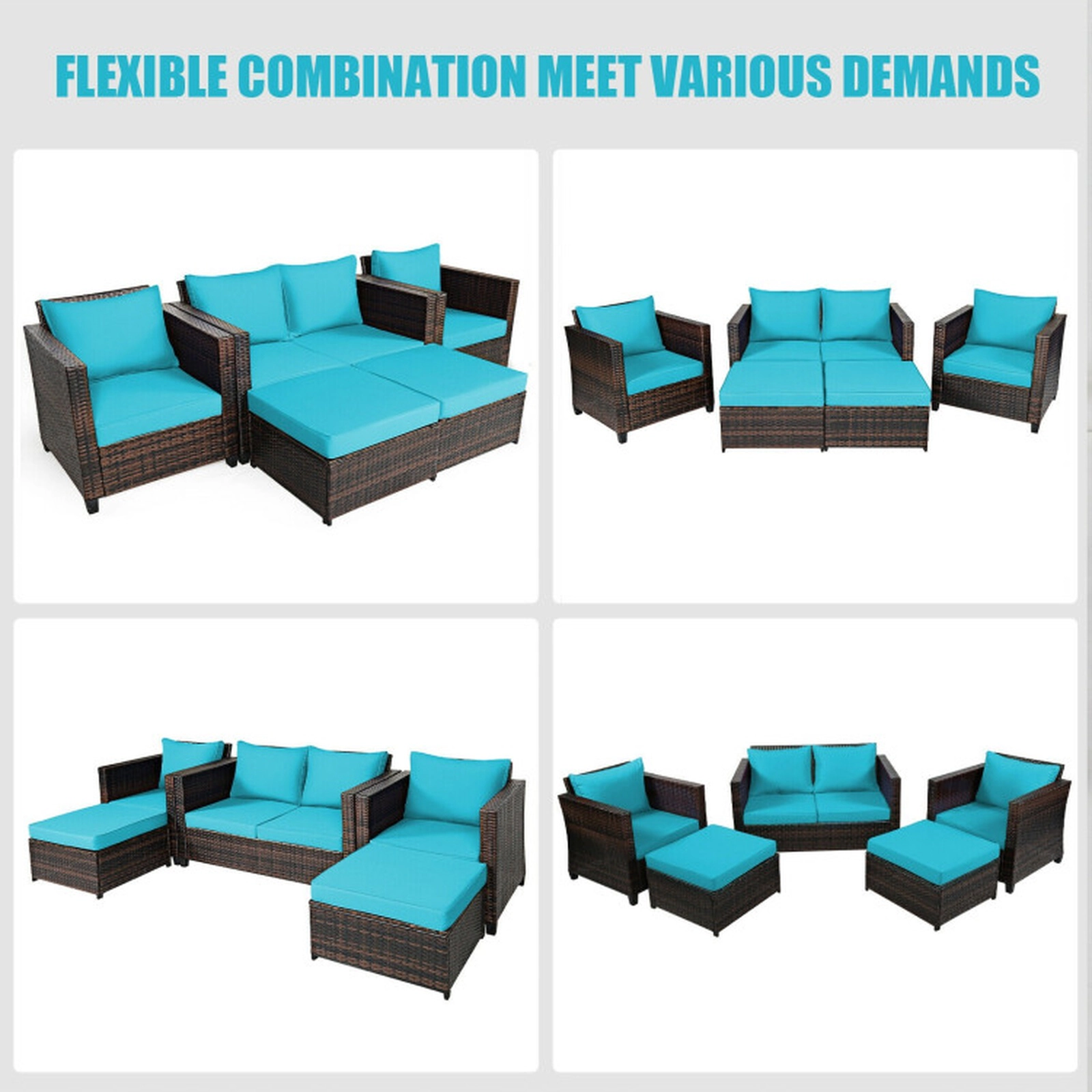 SUGIFT Turquoise 2 Ottomans and Cushions 5-Piece Patio Rattan Sectional Sofa Set