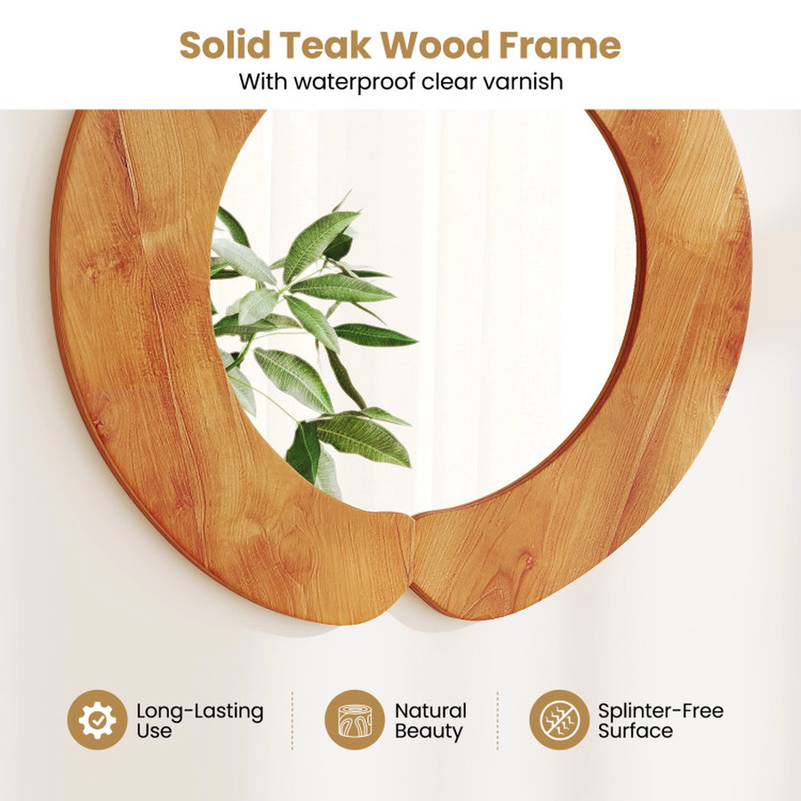 SUGIFT 29-in Rustic Hanging Vanity Mirror with Solid Teak Wood Frame Waterproof Varnish and Hanging Hook