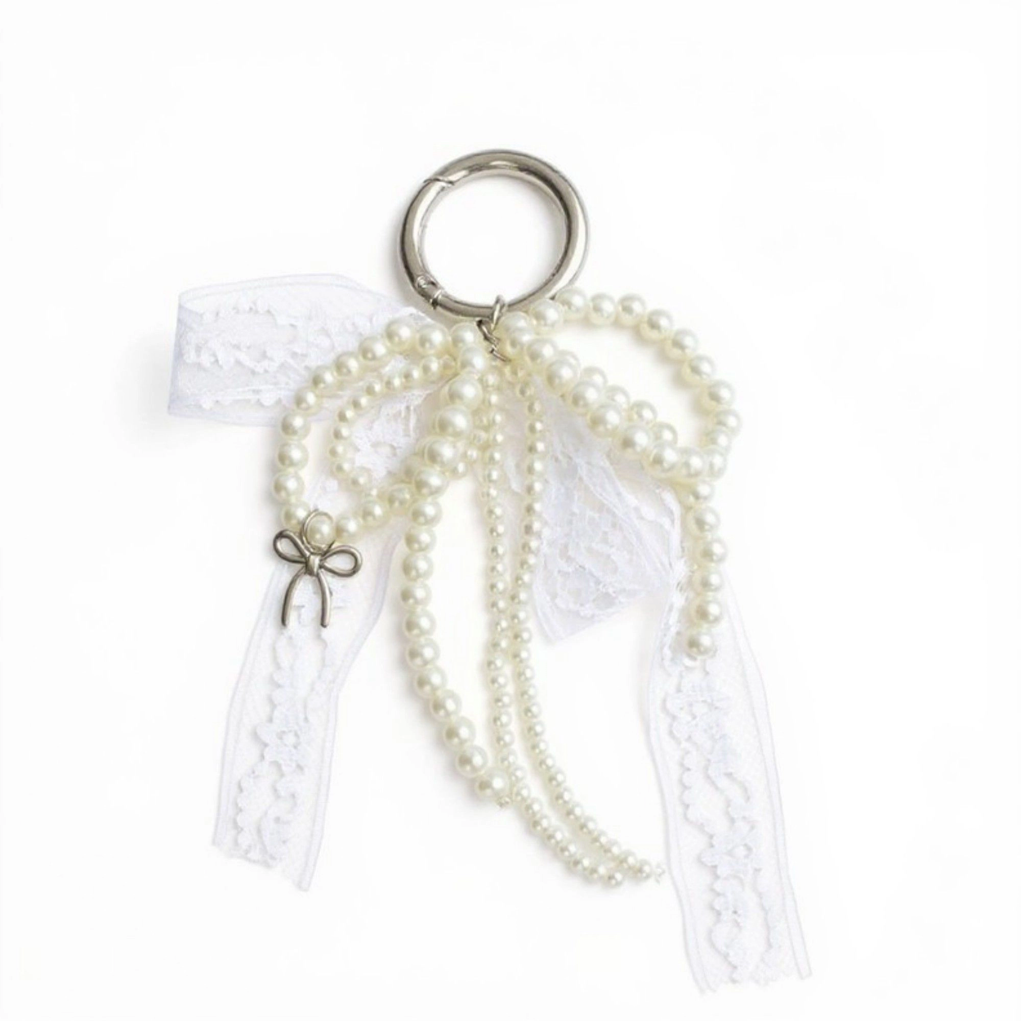 Alilang Women's Pearl and Lace Bow Keychain with Silver Ring and Charm Accent