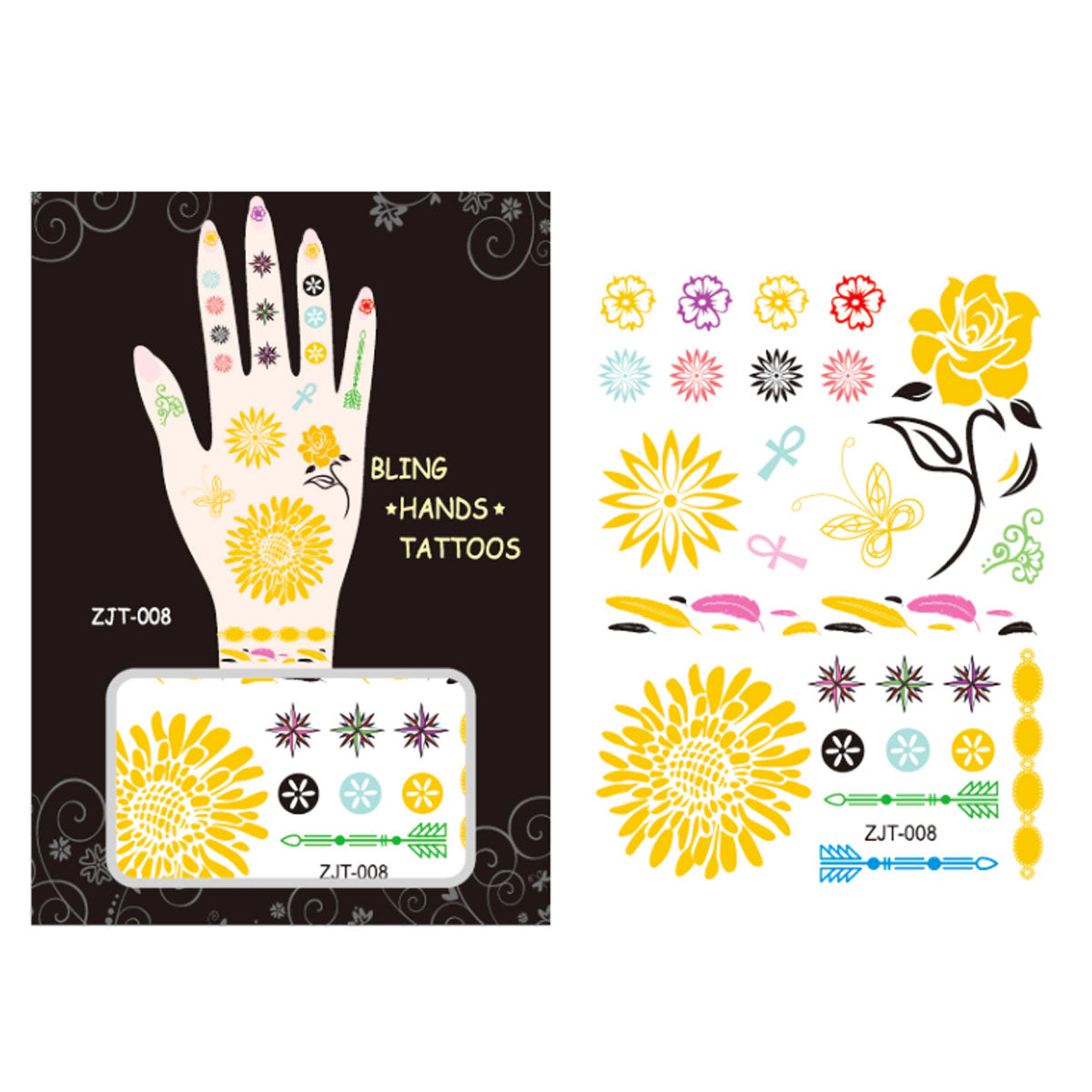 Wrapables Trendy Temporary Metallic Hand Tattoos, Floral and Mandala