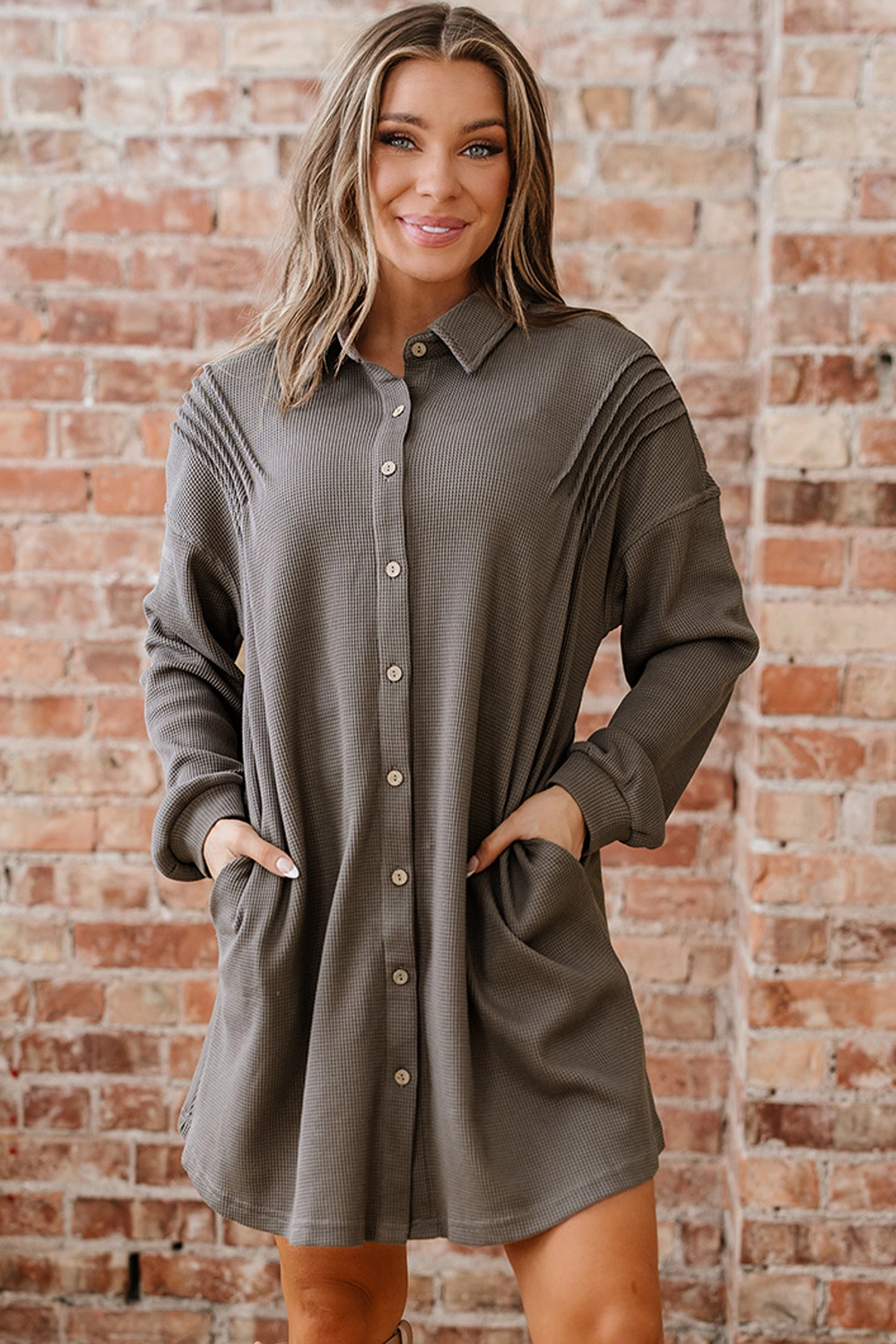 Threaded Pear Women's Viviana Taupe Waffle Knit Shirt