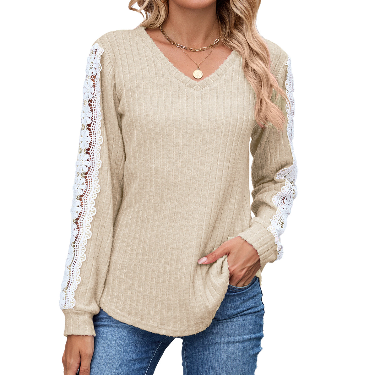Enchanted Funland Womens V‑Neck Ribbed Knit Long Sleeve Lace Hem Casual Tops