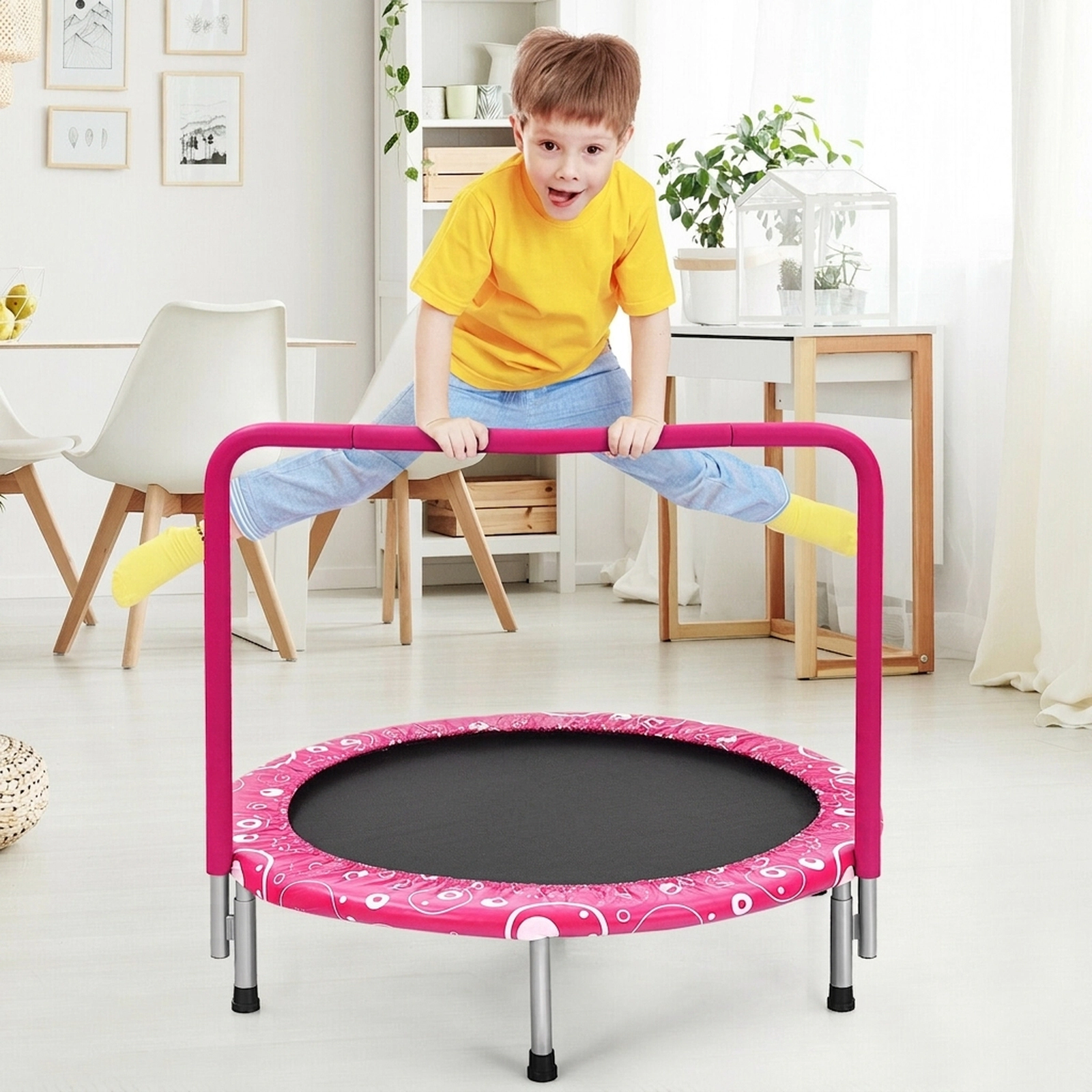 36-in Foldable Kids Trampoline Mini Rebounder Full Covered Foam Handrail 330-lb Capacity Ages 3-10 Pink Indoor Outdoor