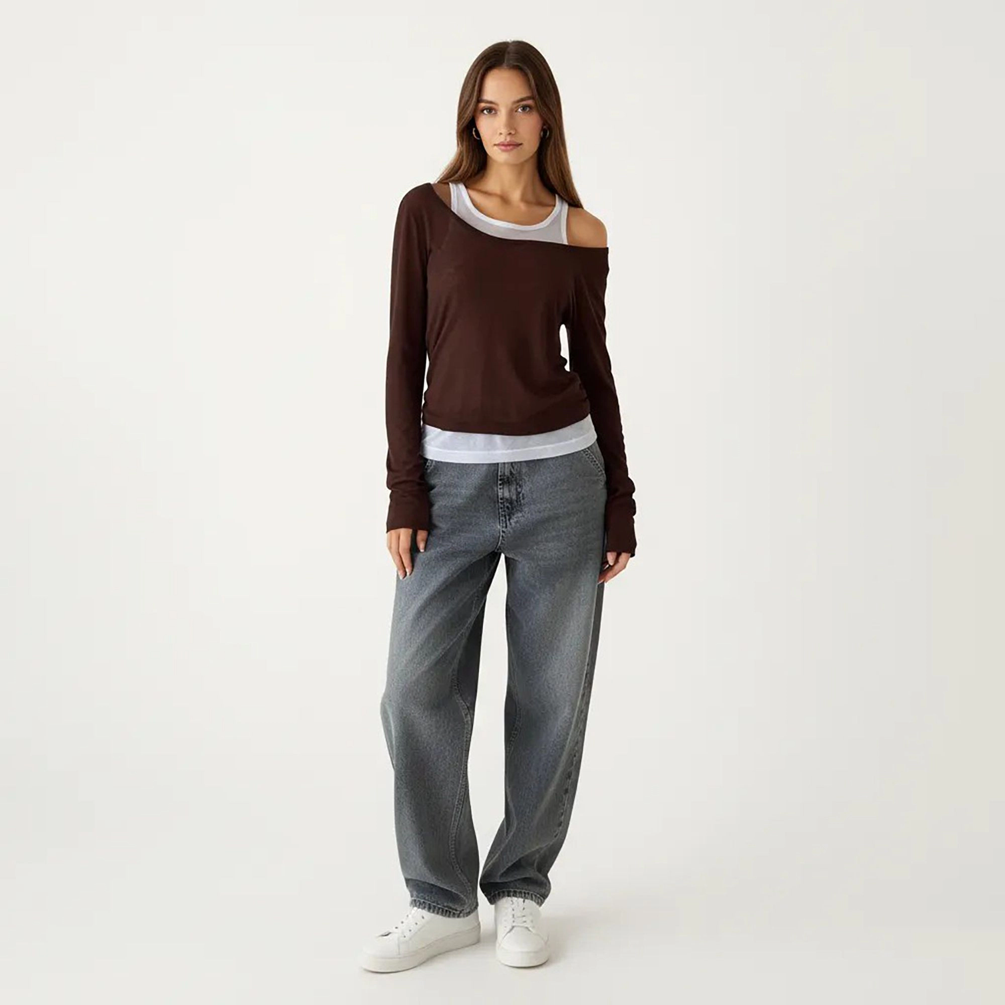 Anna-Kaci Women's Off Shoulder Long Sleeve Layered Knit Top with Relaxed Fit