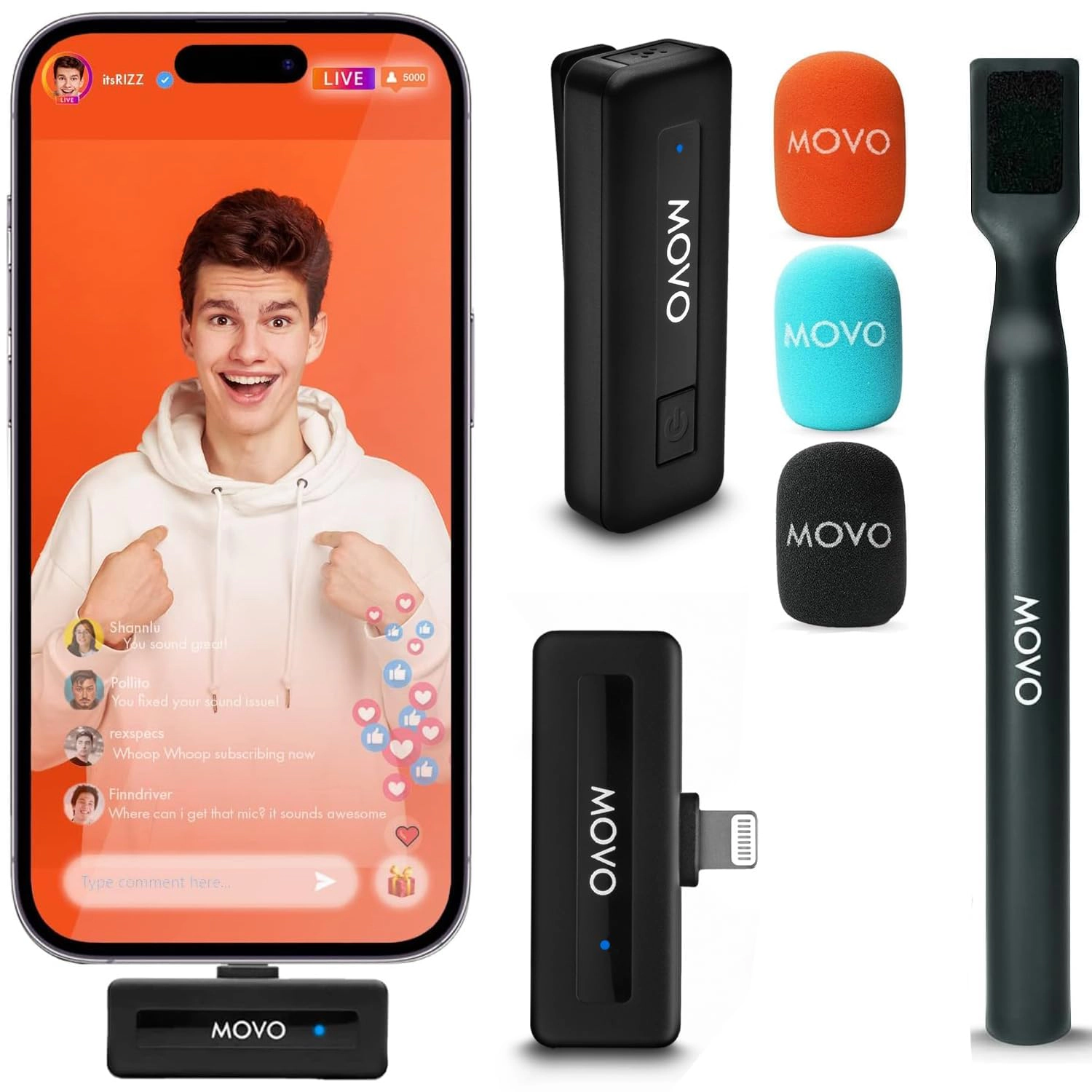 Movo Wireless Mini DI Ultra Compact Wireless Lavalier Microphone for iPhone with WMX-HM Handheld Adapter - Lapel Mic