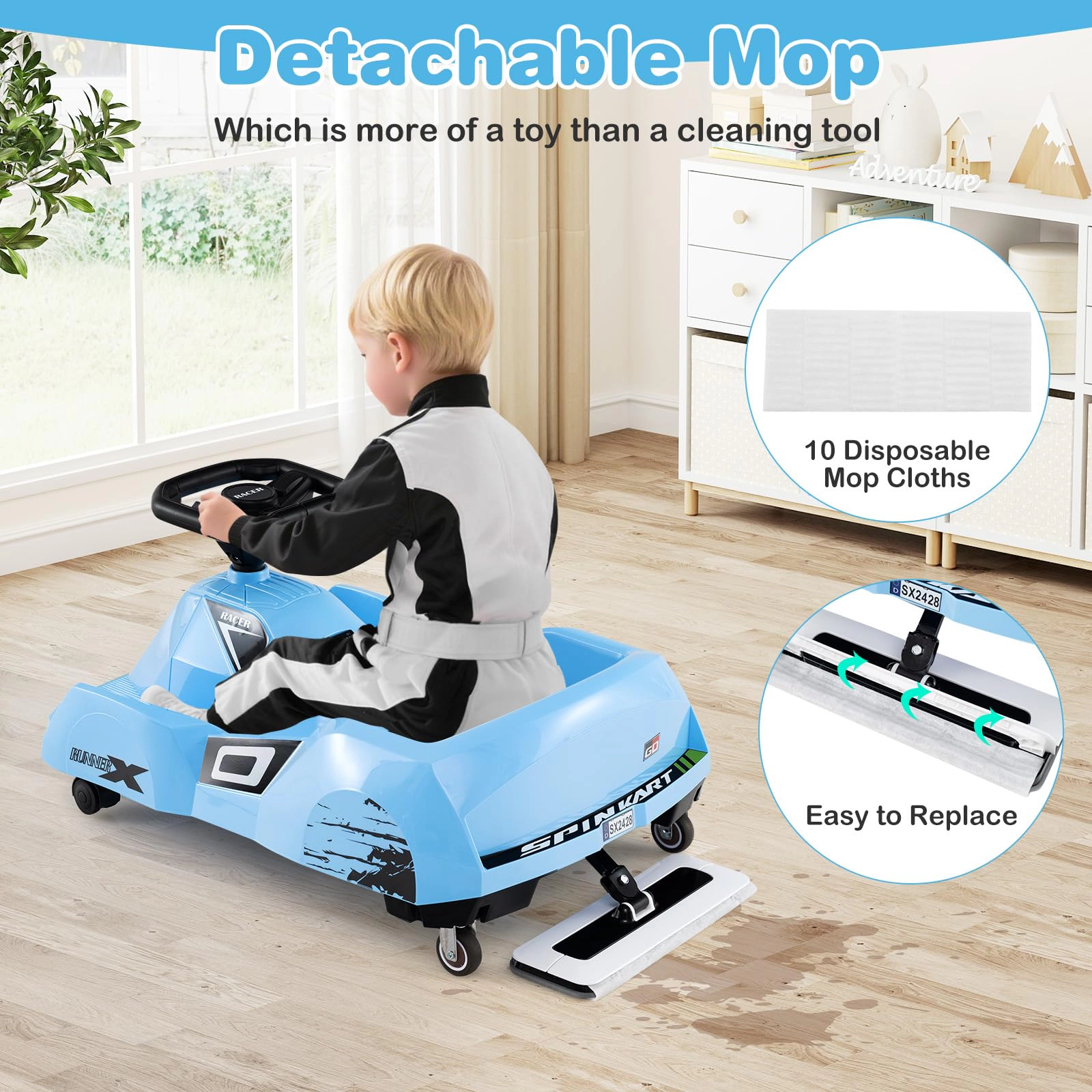 Glintex 12V 3-in-1 Kids Go-Kart with a Detachable Mop and 10 Cloths