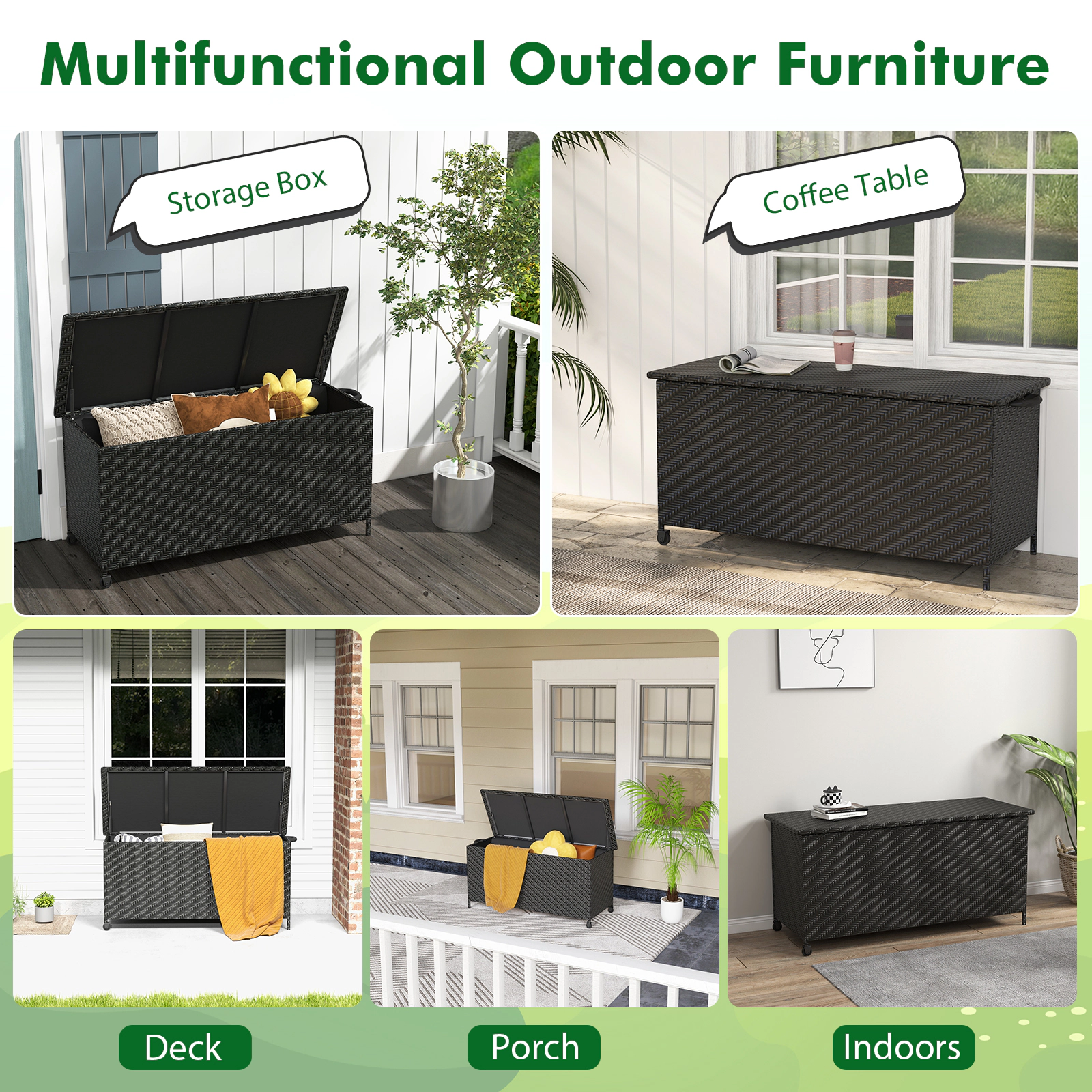 SUGIFT 85 Gallon PE Rattan Outdoor Storage Box with Liner and Wheels 66-lb Top 88-lb Bottom Capacity Brown/Black