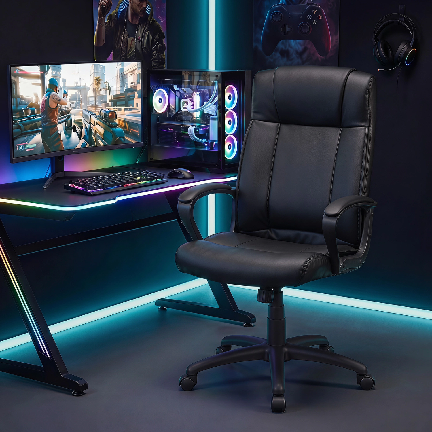 LJG Faux Leather Office Chair Computer Desk with Rocking Function
