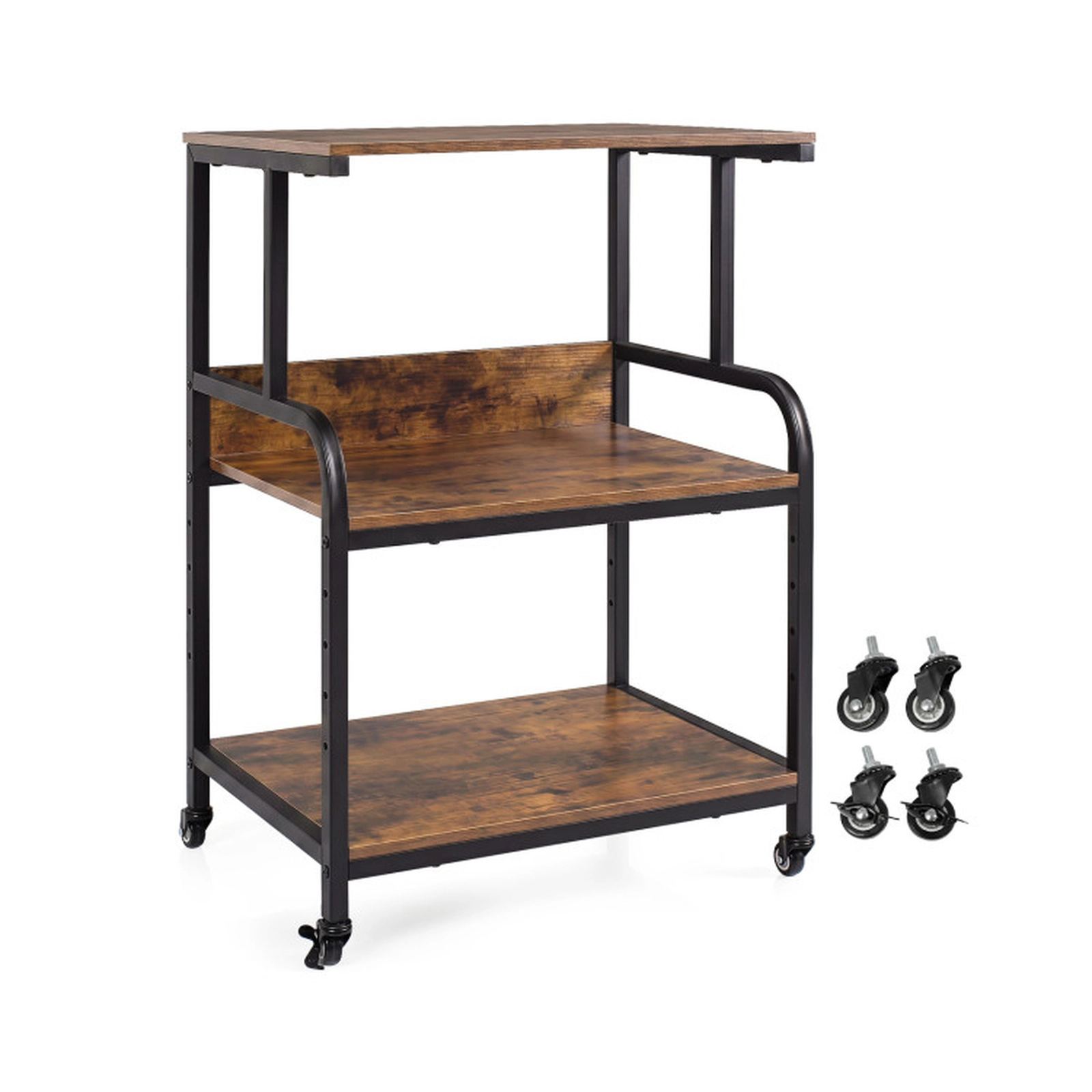 SUGIFT 3-Tier Rolling Printer Stand 5-Height Adjustable Shelf Lockable Wheels 44-lb per Shelf Capacity Rustic Brown