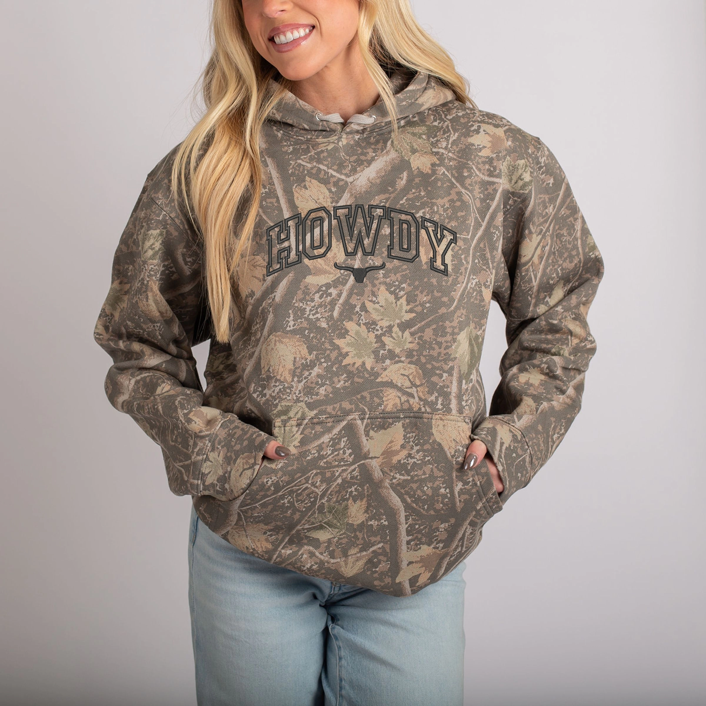 Simply Sage Market - Embroidered Howdy Bull Varsity Camo Hoodie