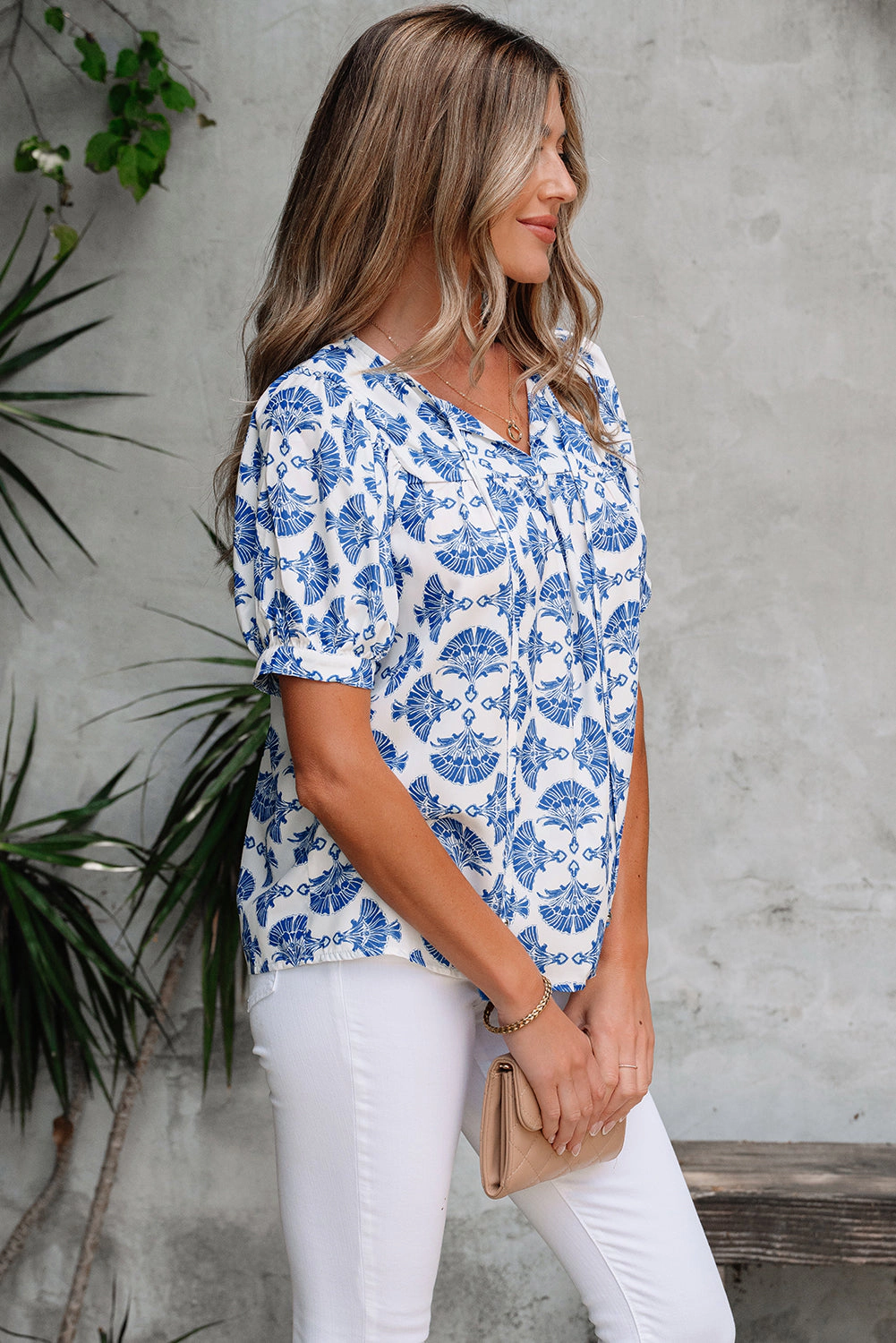 Threaded Pear Women's Grace Geometric Tassel Drawstring V Neck Blouse