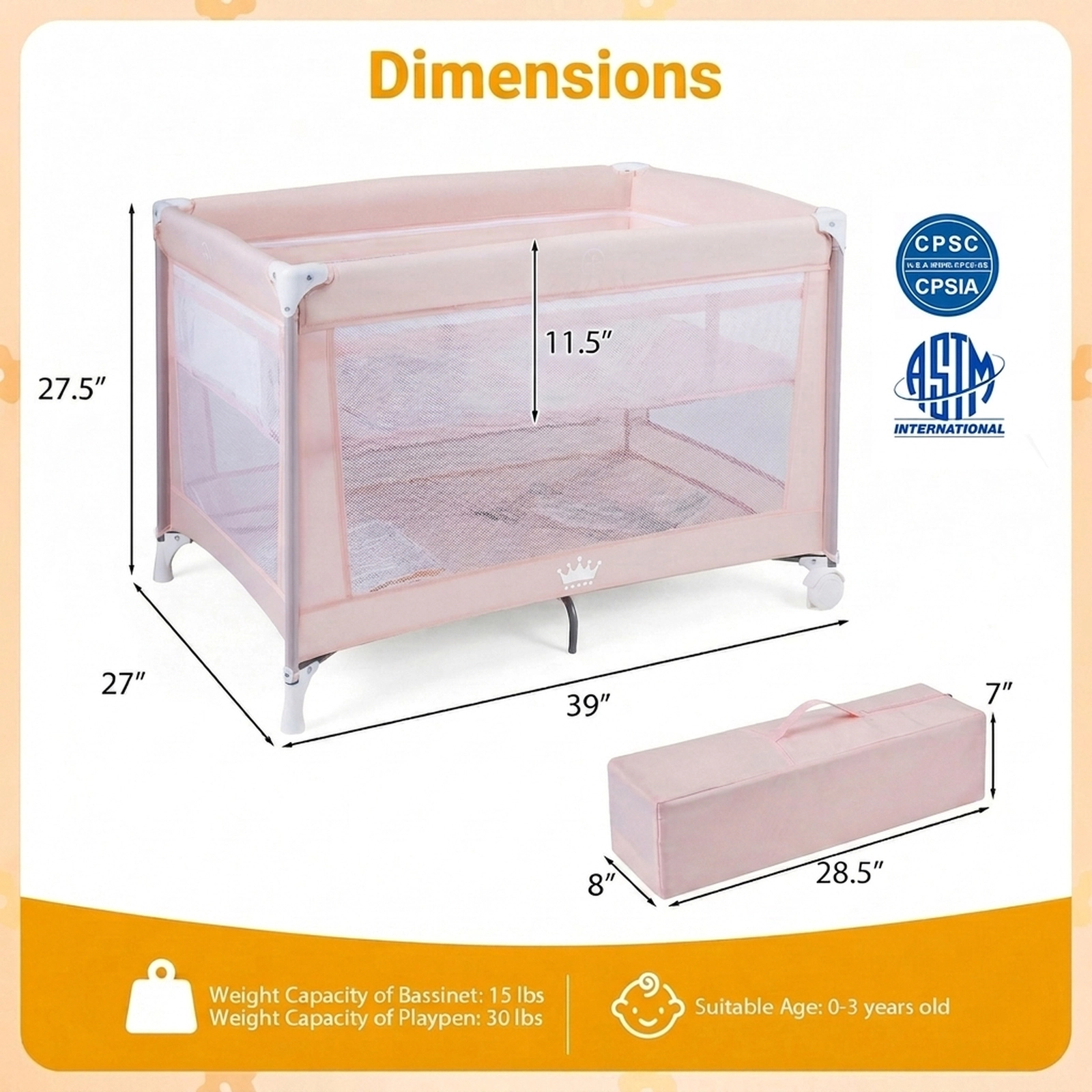 SUGIFT Folding Baby Playard Travel Crib with Soft Mattress 30-lb Playpen 15-lb Bassinet Capacity Ages 0-3 Years Pink