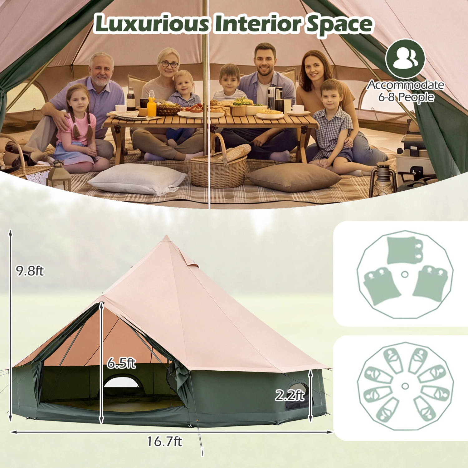 LJG Waterproof Bell Tent with Stove Jack Accommodates and Mesh Windows Doors in Green