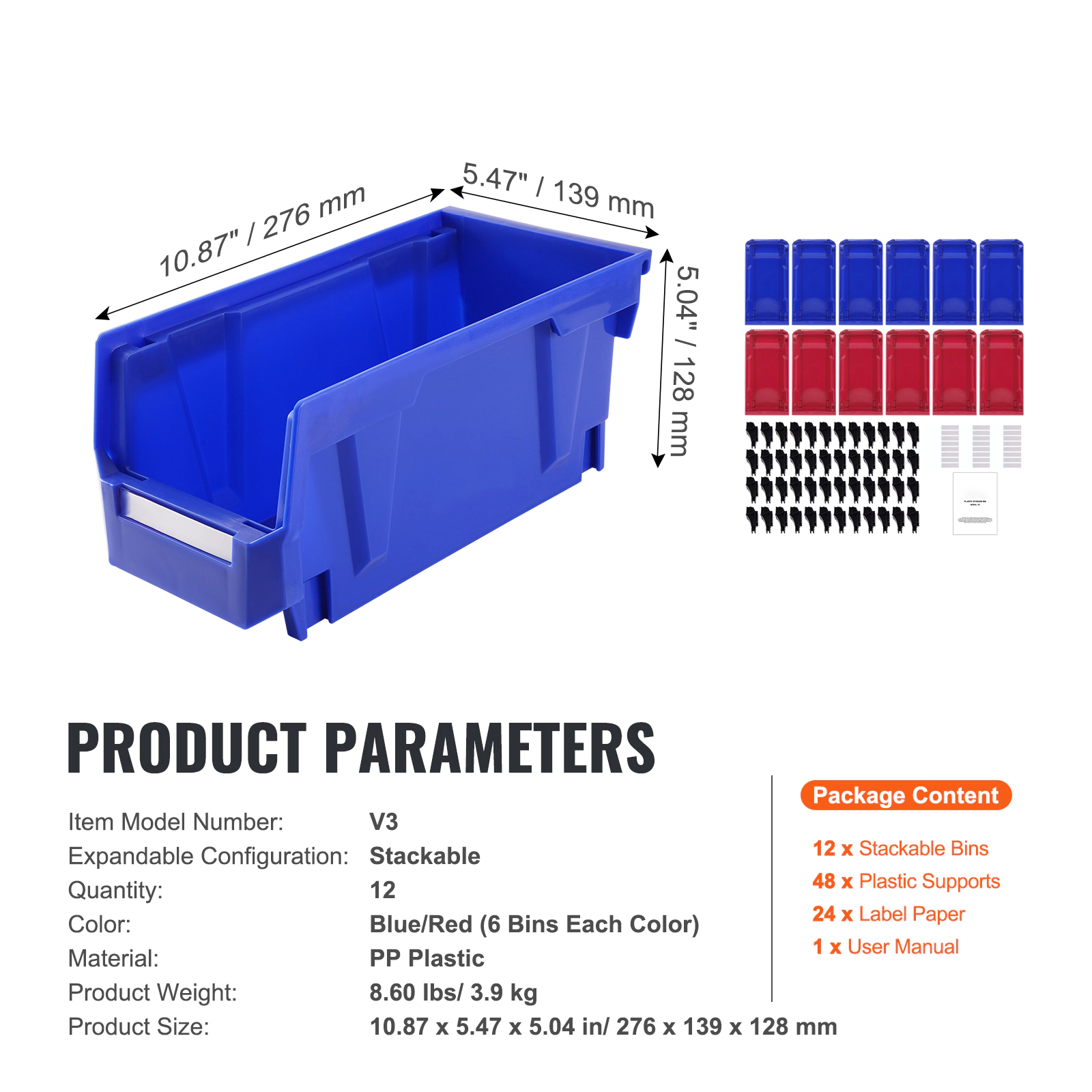 HONGGE Plastic Storage Bin 5-Inch Hanging Stackable Storage Organizer Bin Blue/Red Heavy Duty Stacking Containers for
