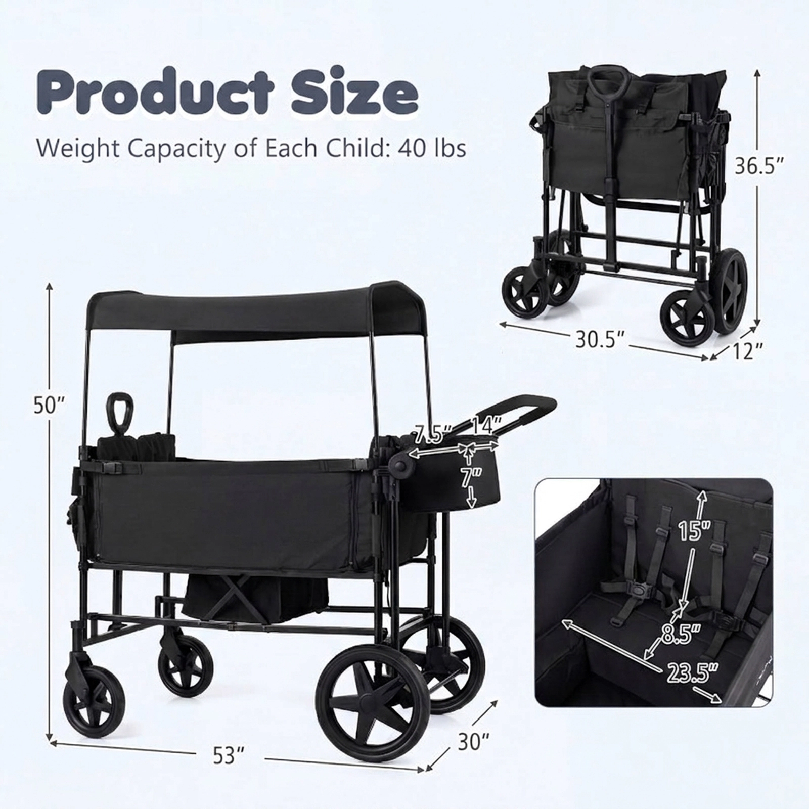SUGIFT Toddler Black 4-Seat Wagon Stroller with Removable Canopy 53-in W 30.5-in D 50-in H 160-lb Wagon Capacity