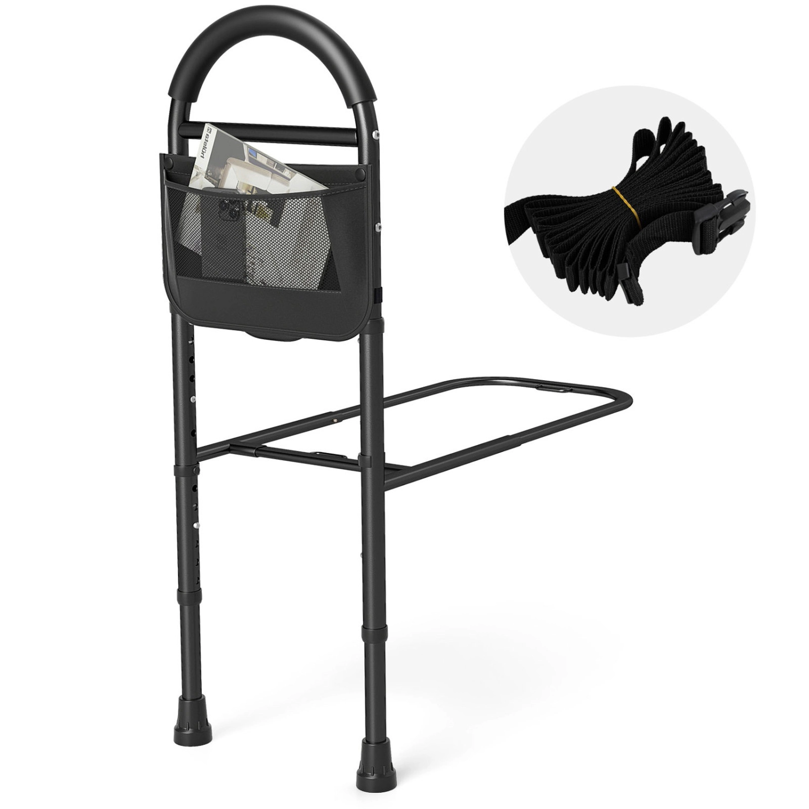 SUGIFT Height Adjustable Bed Assist Rail Storage Pocket 71-in Safety Strap 300-lb Capacity 13-19-in Bed Frames Black
