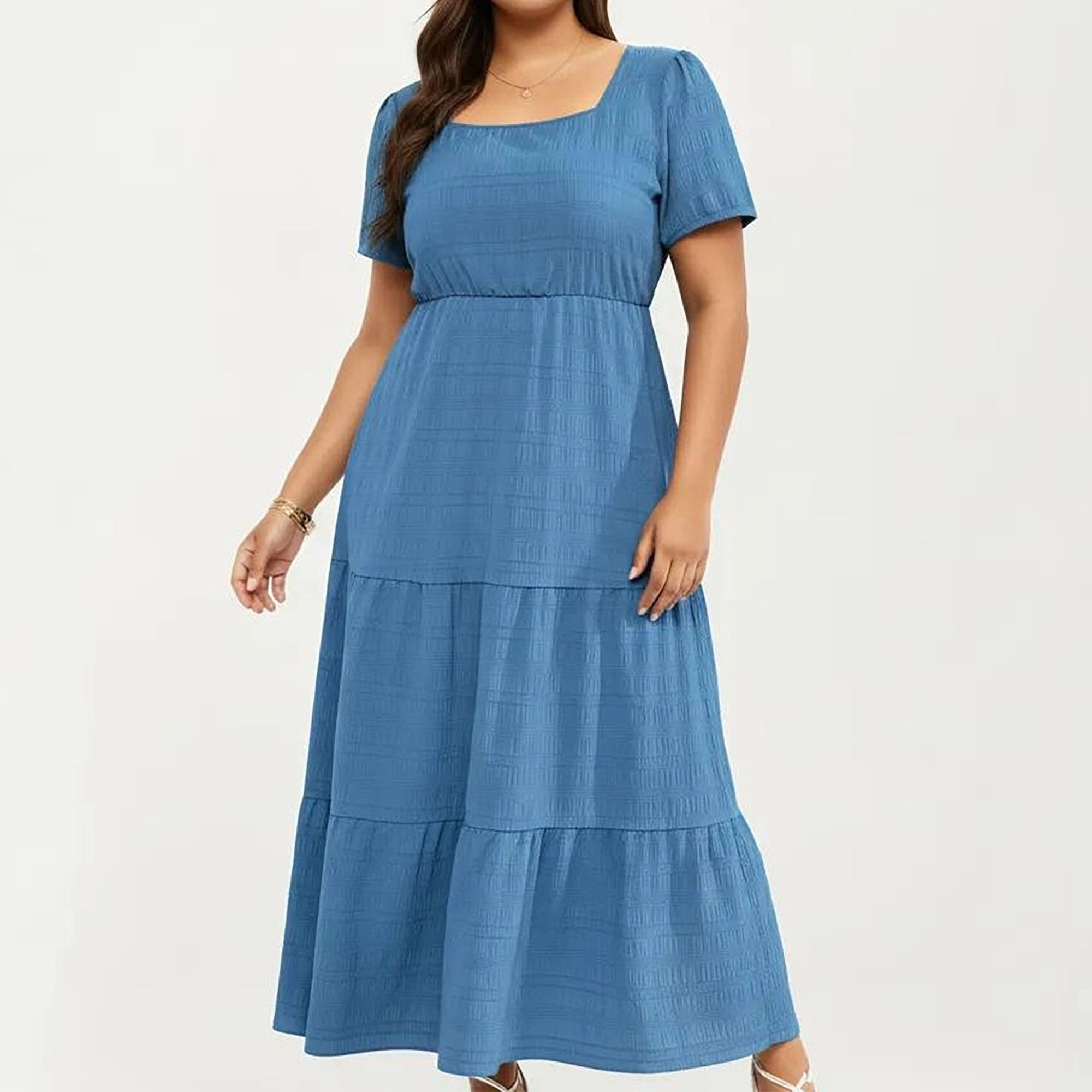 Anna-Kaci Women's Plus Square Neck Tiered Skirt Textured Fabric Flowy A Line Silhouette Maxi Dress
