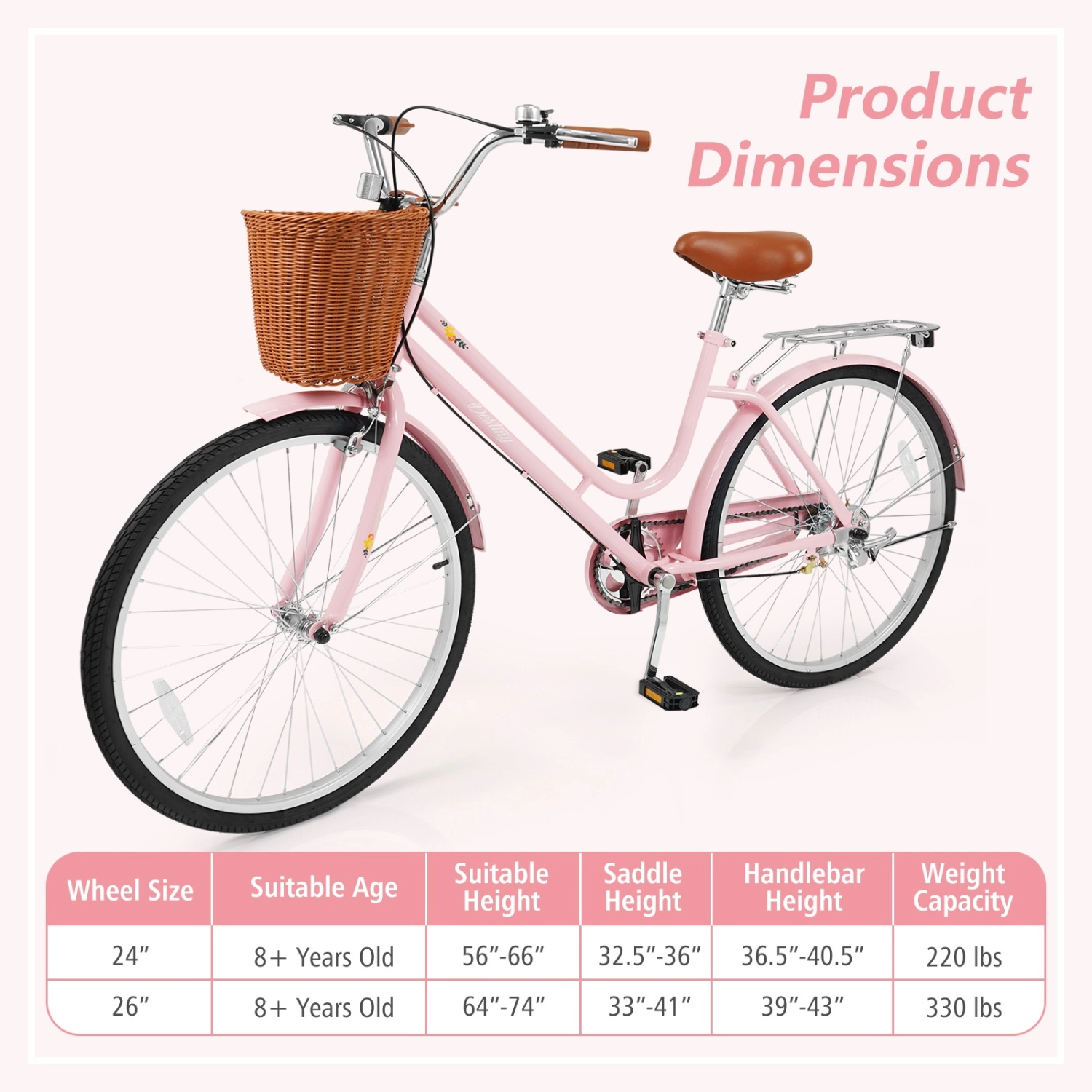 LJG 26 Inch Beach Cruiser Bike for Women with Woven Basket and Rear Rack