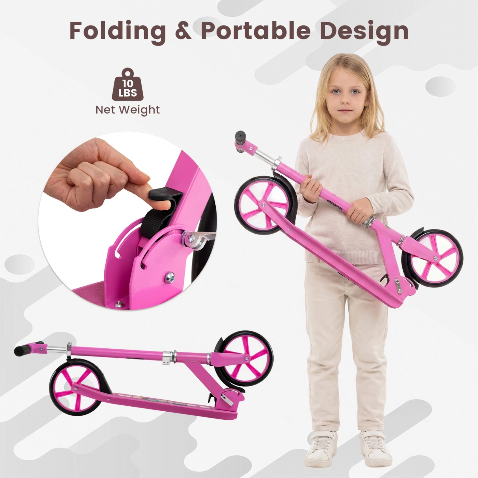 SUGIFT Folding Scooter with 3 Adjustable Heights 220-lb Capacity Ages 8+ Pink