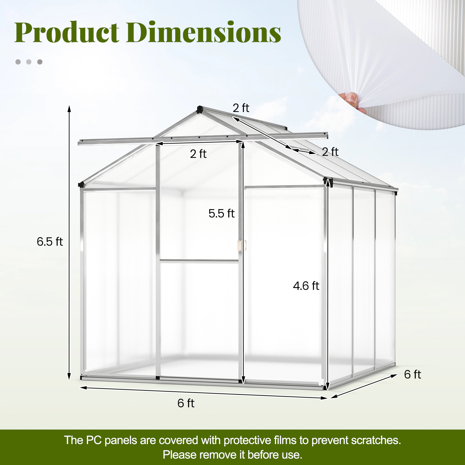 SUGIFT Large Walk-in Polycarbonate Greenhouse with Rain Gutters 6.5-ft Tall Transparent+Silver
