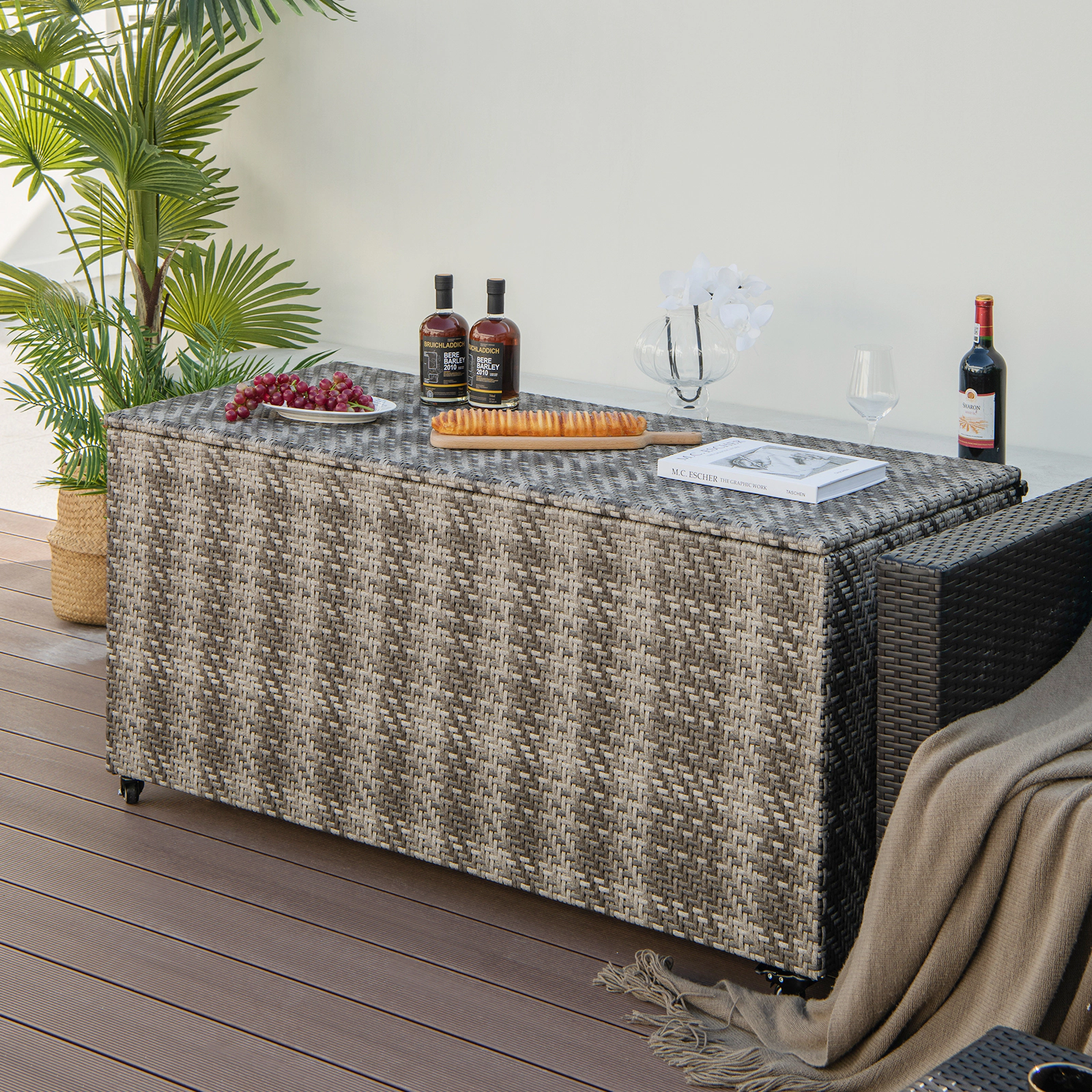 SUGIFT 96-Gallon 4 Wheels Waterproof Liner PE Wicker Outdoor Storage Box 52-in x 22-in x 25-in 35-lb Gray