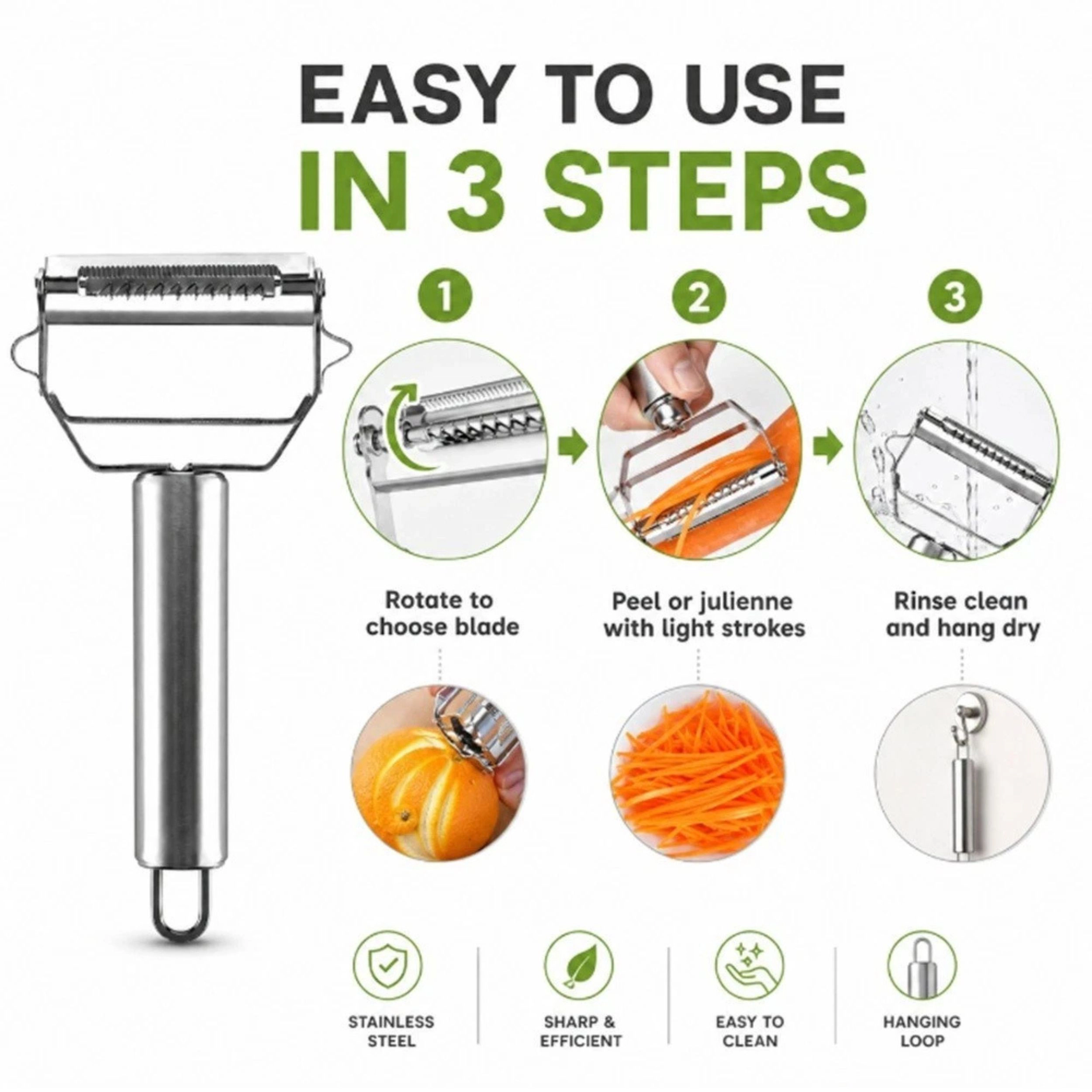 Home Collection Stainless Steel Dual Blade Peeler Julienne Slicer for Fruits & Vegetables