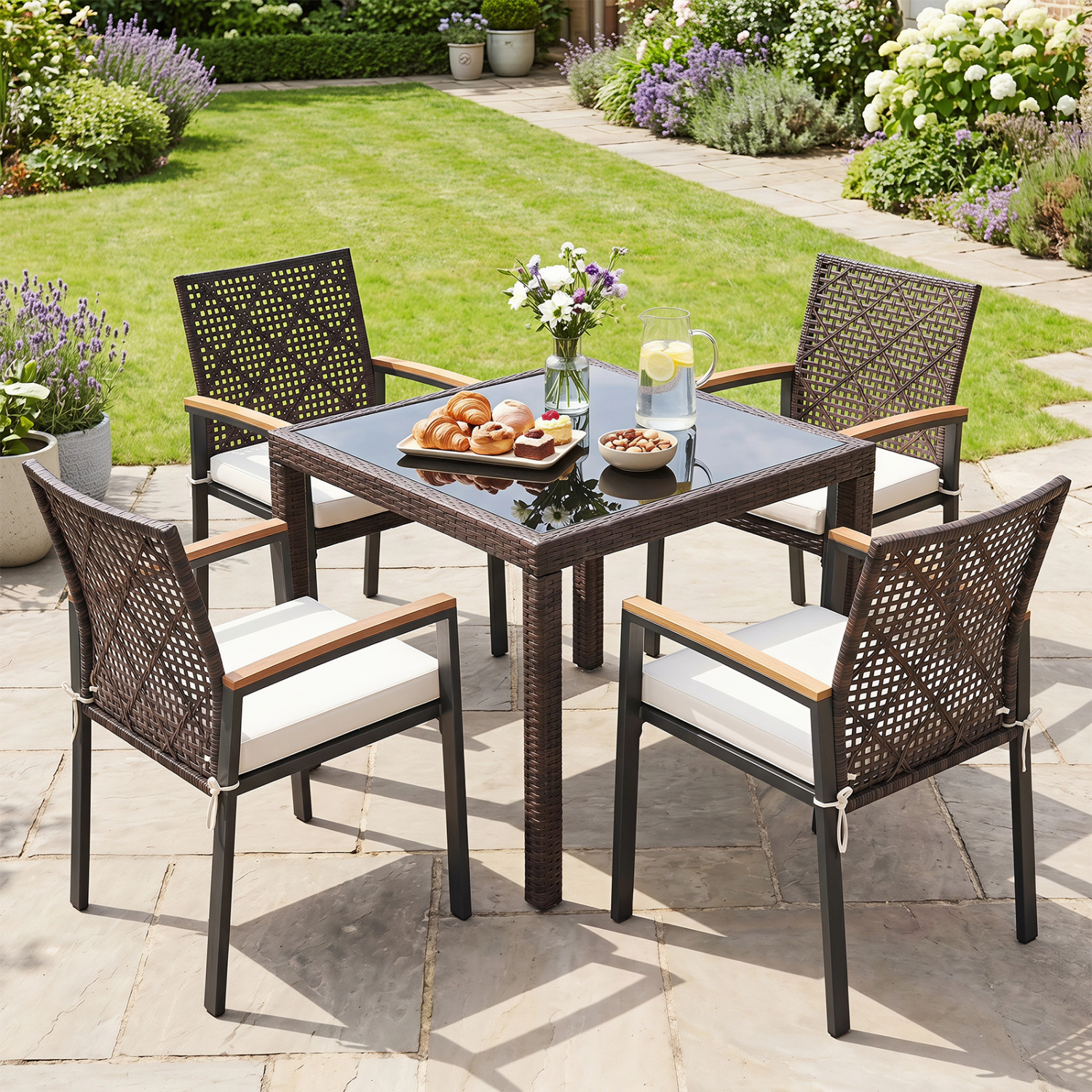 LJG Hand-Woven PE Patio Dining Chairs Set of 4 with Acacia Wood Armrests for Yard