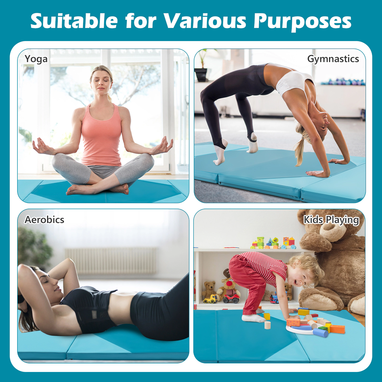 SUGIFT Blue Folding Exercise Mat with Carry Handles and Hook and Loop Fasteners 10-ft W 4-ft D 2-in H