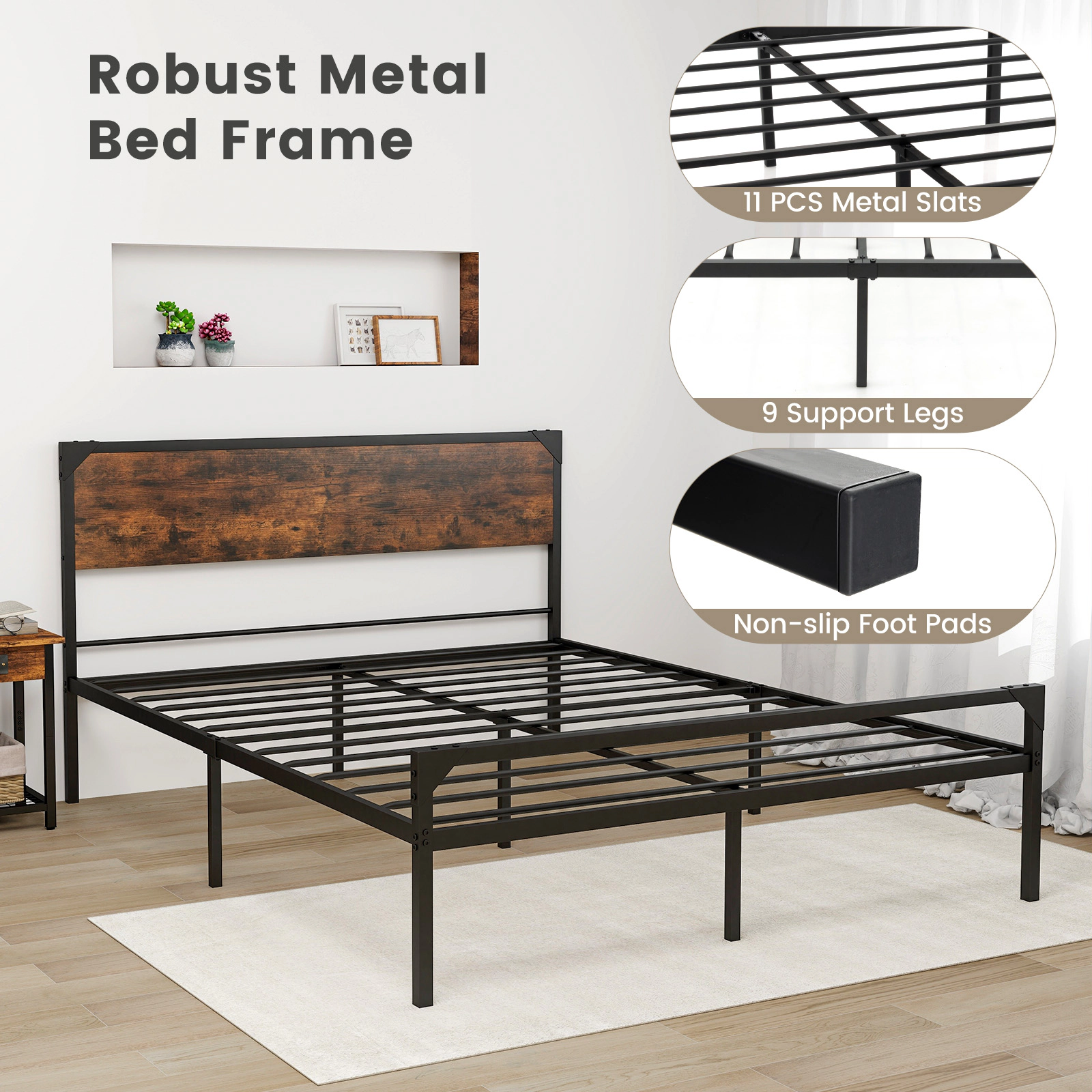 SUGIFT Queen Platform Bed Frame, Rustic Brown Wood Panels, Black Metal, Headboard and Footboard