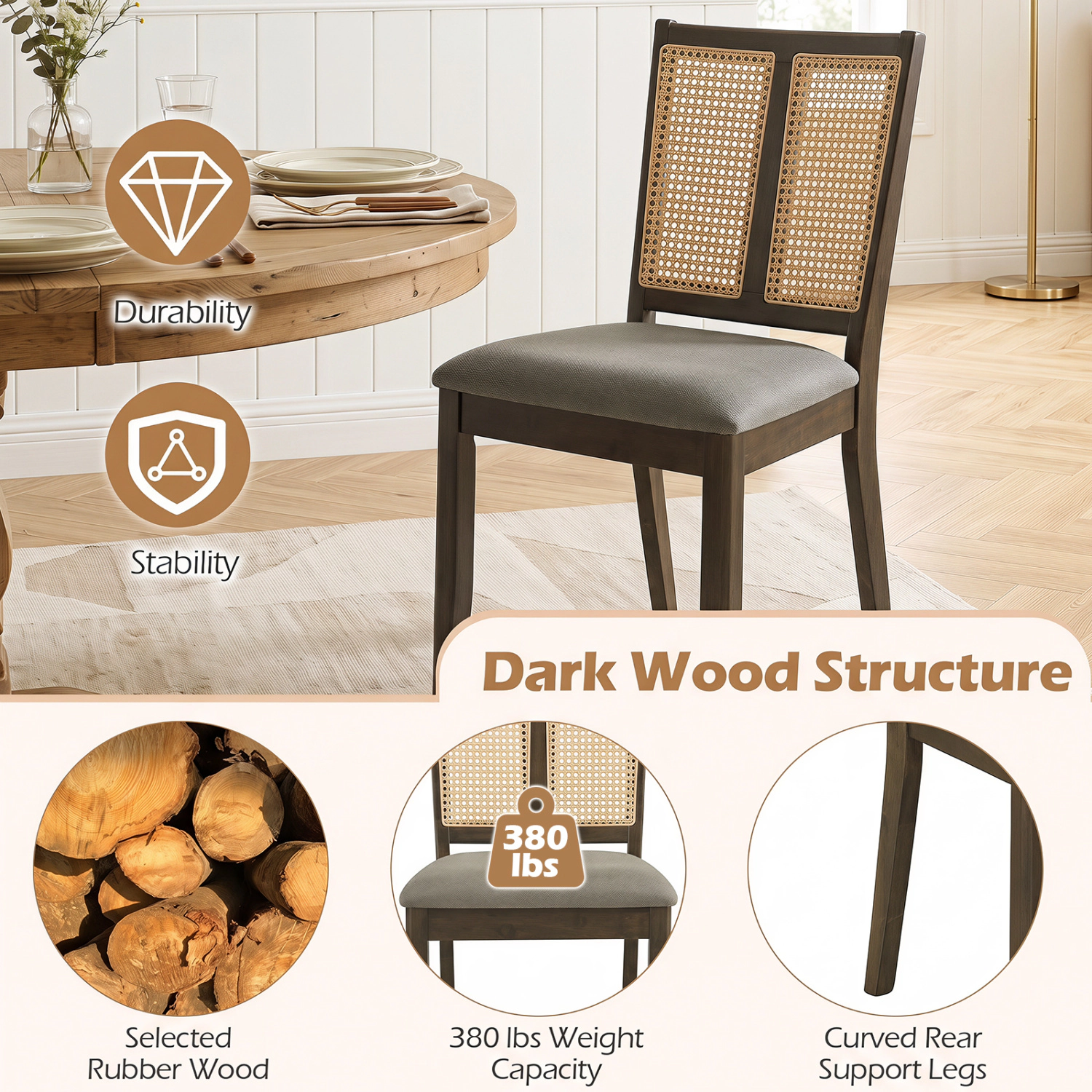 LJG Rattan Dining Chairs Set of 2 with Curved Backrest & Padded Seat for Room