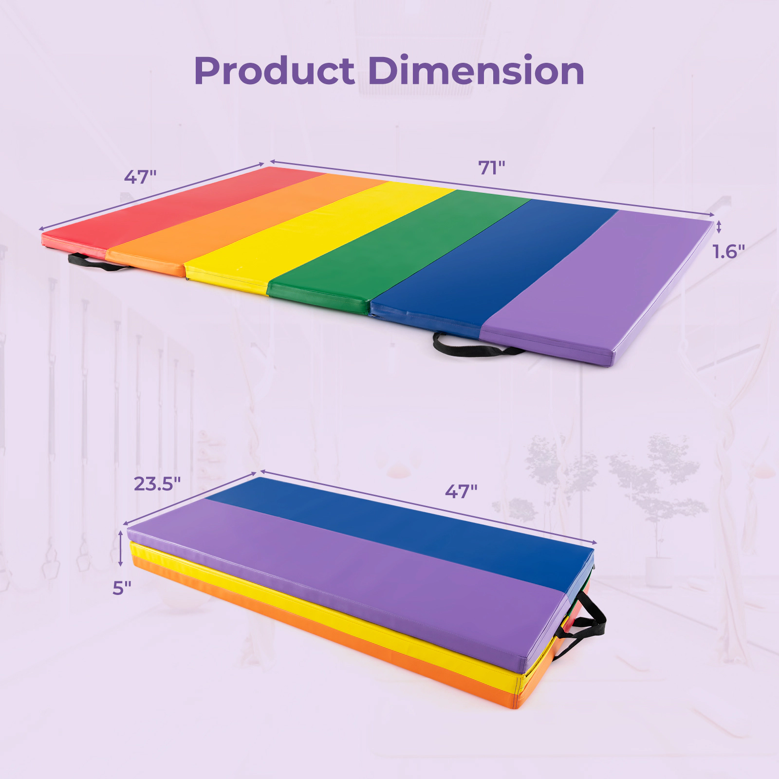 SUGIFT Kids Multicolor Tri-Folding Gymnastics Tumbling Mat with 2 Carry Handles 71-in W 47-in D 1.6-in H