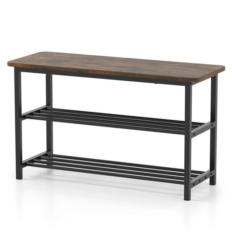 Hivvago 3-Tier Shoe Rack Shoe Bench with Metal Slat Shelves and Long Wooden Seat